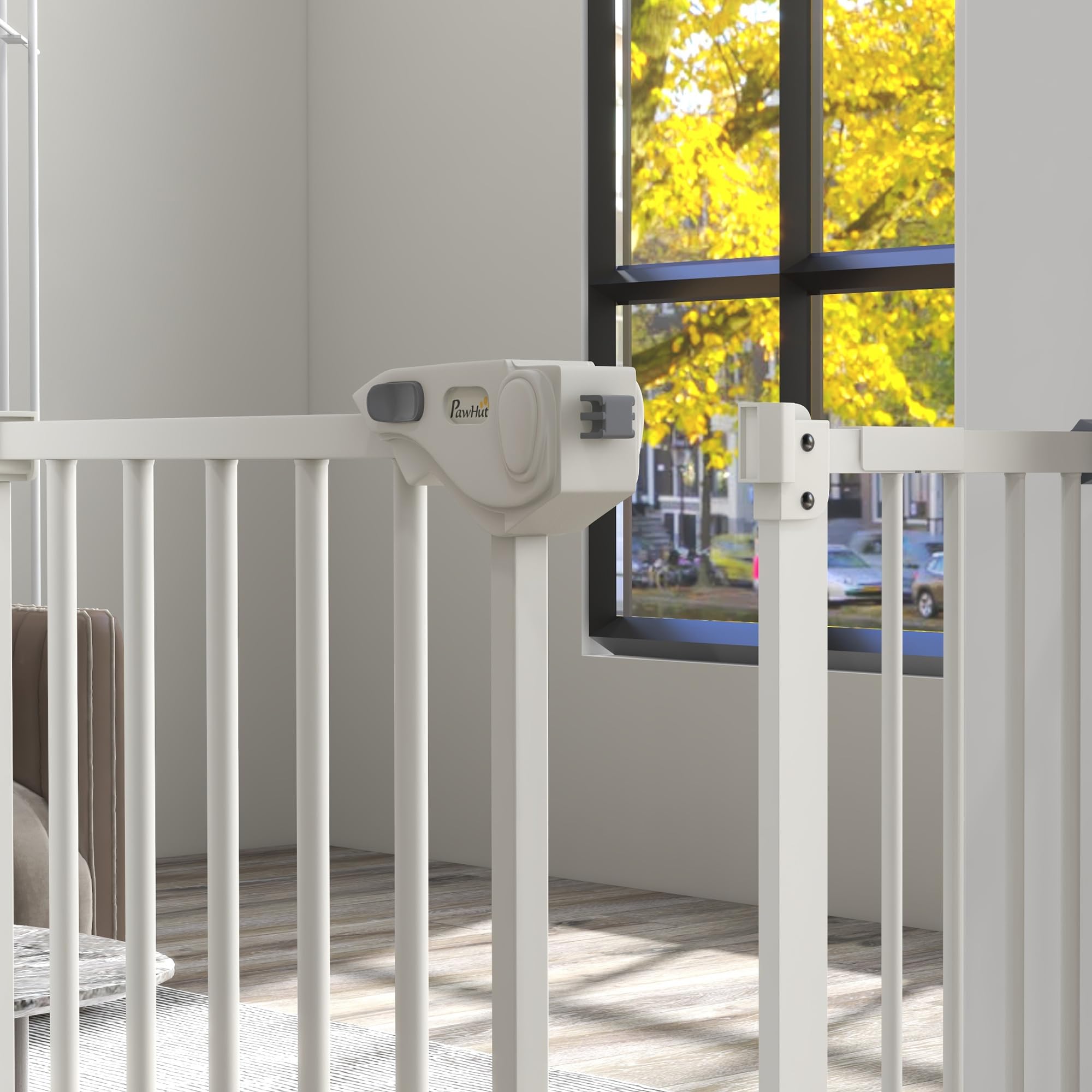 PawHut - Barrera de Seguridad para Animales (74-94 x 77 cm, con Puerta de Cierre automático, Sistema de Doble Bloqueo sin Taladro, con 1 extensión, Color Blanco | Cierre automático, doble bloqueo, sin taladrar, 1 extensiones, para escaleras, pasillos, pue