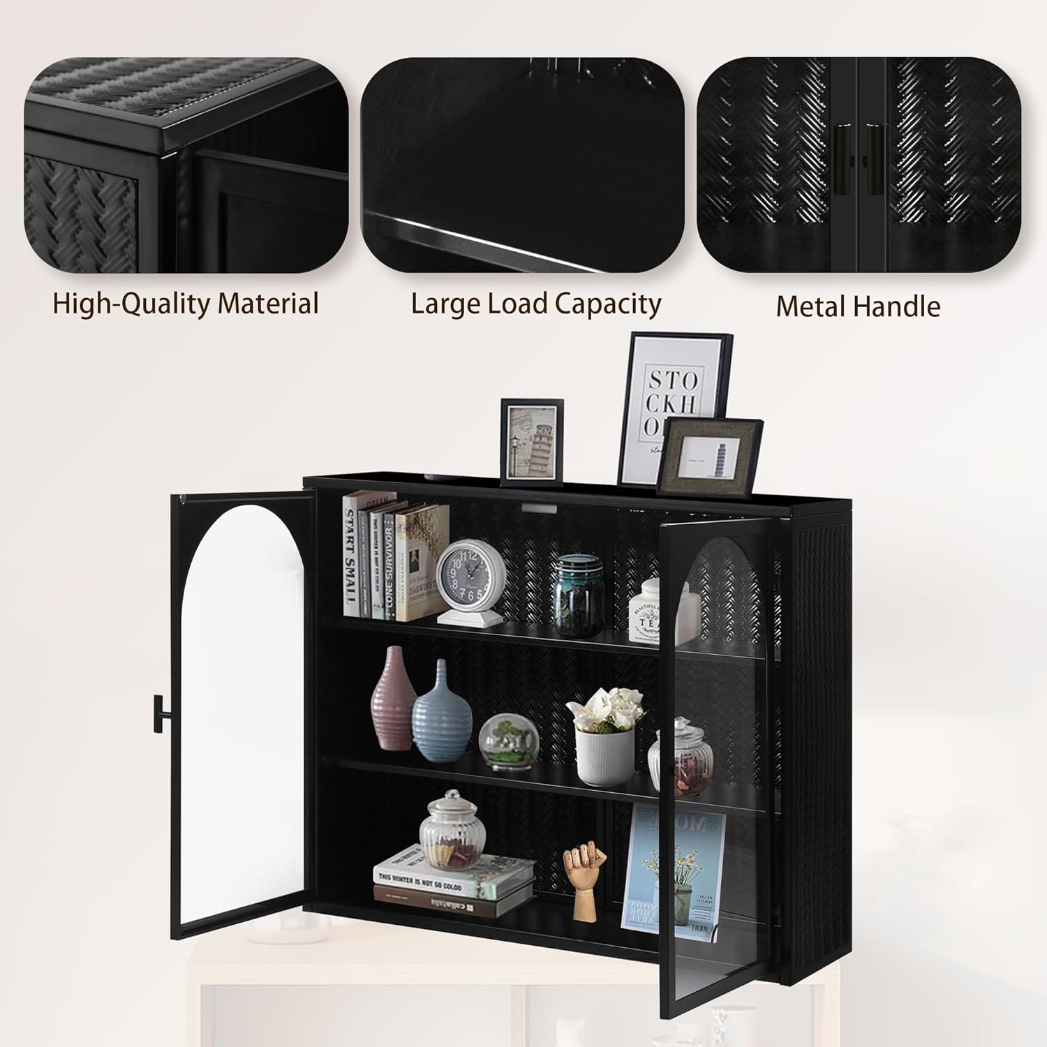 27.56" Wall Cabinet with Tempered Glass Doors, Bathroom Wall Storage Cabinet with Detachable Shelves for Office, Dining, Living Room, Kitchen and Bathroom,Black
