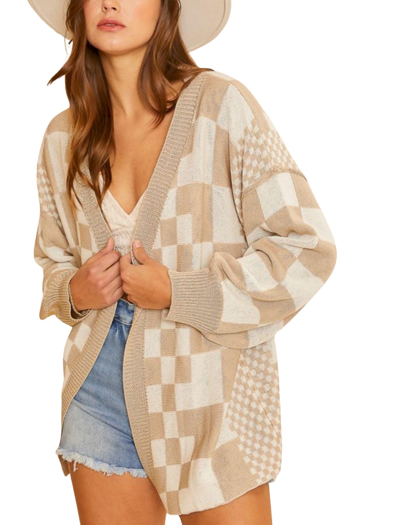 Womens Casual Cardigan Boho Chic Checkered Pattern Oversized Open Front Sweater Geometric Design Balloon
