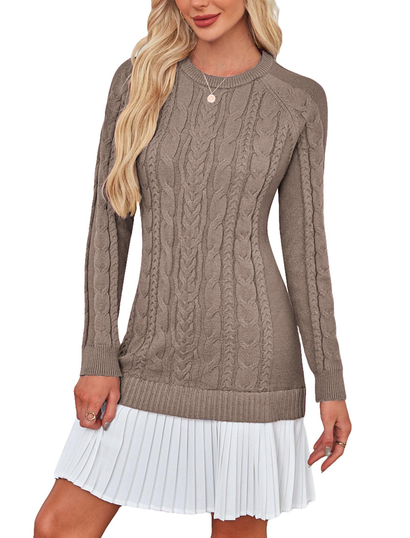 Angashion Womens Cable Knit Sweater Dress Patchwork Pleated Fall Mini Dress