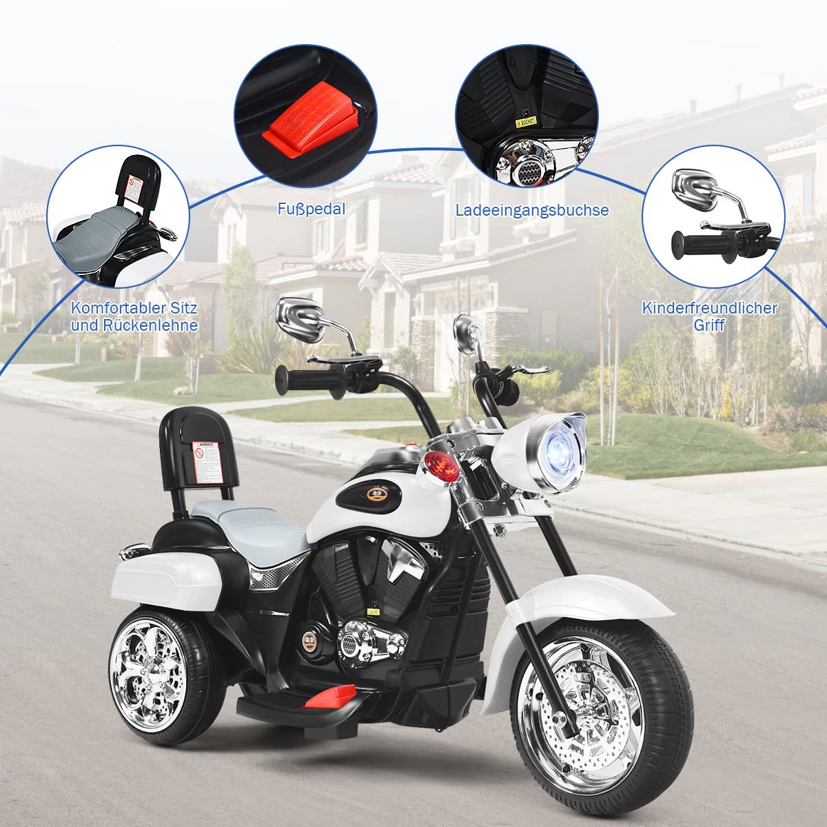 COSTWAY 6V Kinder Motorrad Elektro, Kindermotorrad mit verstellbaren Scheinwerfer & Vorwärts,-Rückwärtsfunktion, Dreirad Elektromotorrad mit Sound & Hupe, 2,5-3 km/h, für Kinder ab 3 Jahren(Weiß)