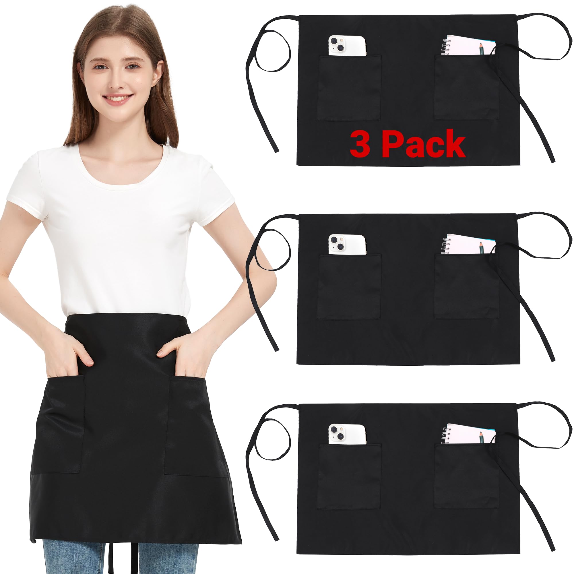 FunChaos 3 Piezas Delantales Corto de Cintura con 3 Bolsillos, Impermeable Chef Delantal Negro para Hombres y Mujeres, Delantal de Cocina Camarero Ajustable para Restaurante Bar Cafetería