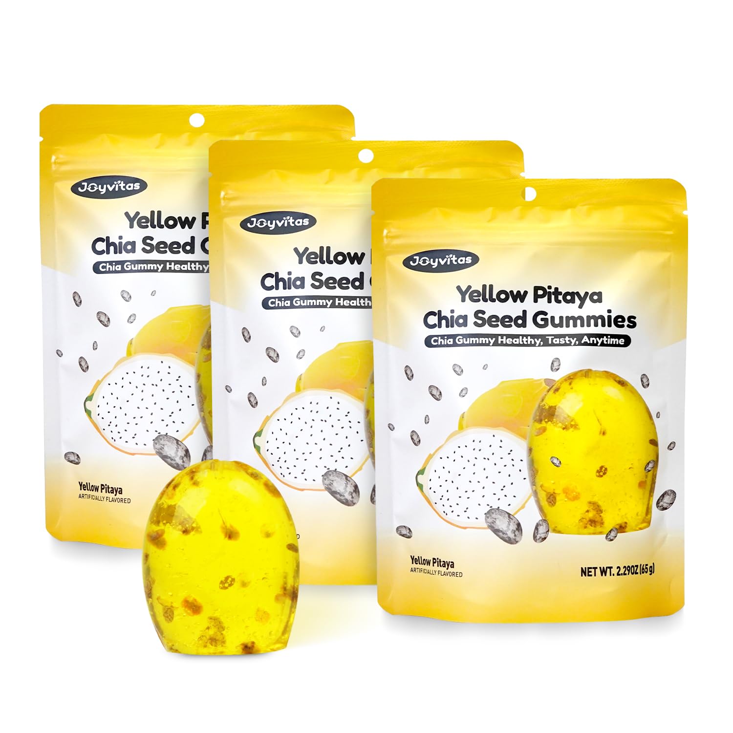 Chia Seed Gummy Candy, 4D Gummies Candy Variety Pack, Yellow Pitaya Fruit Snacks, Individual Packs, Resealable 2.29oz Bag (Pack of 3) with Gift Box