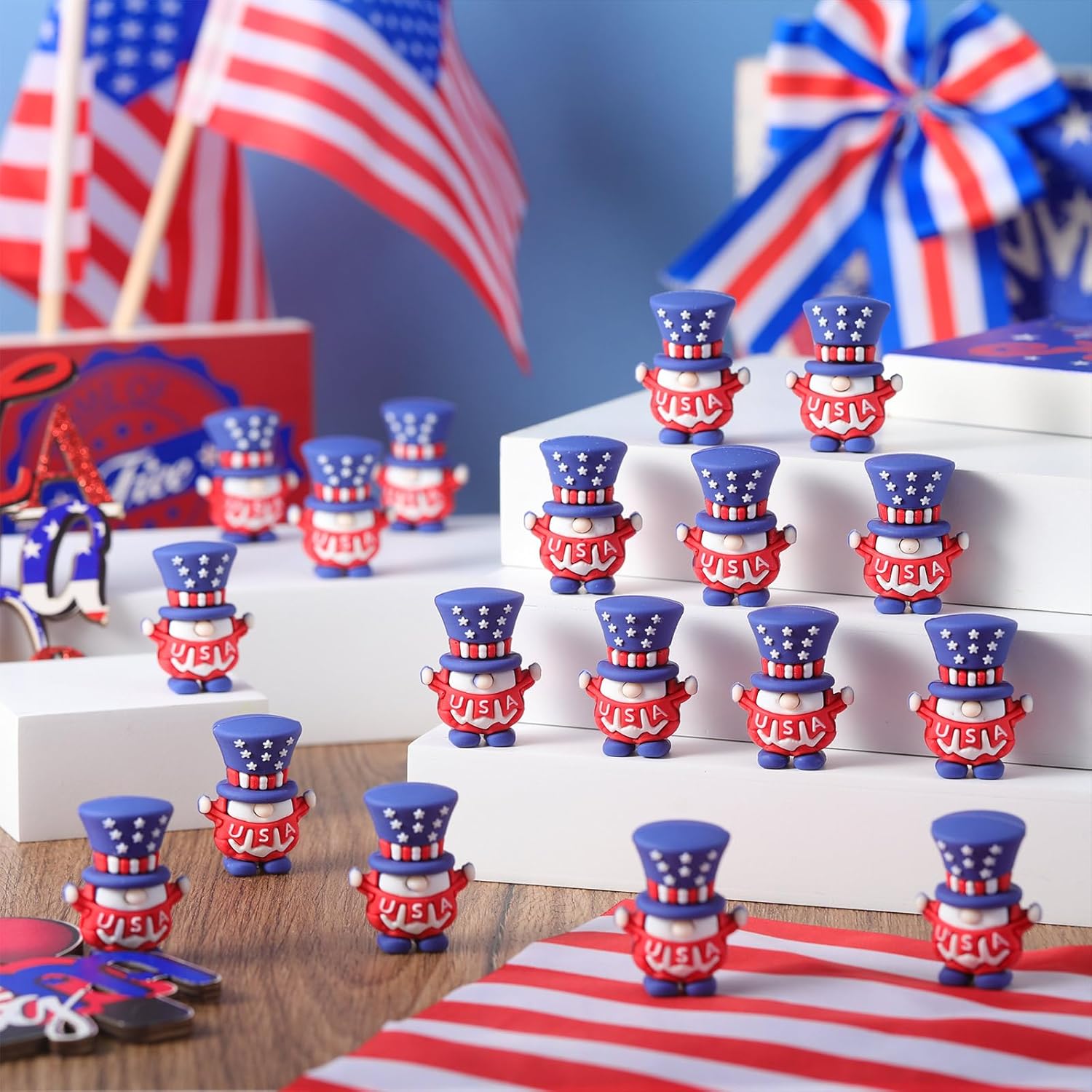DoubleFill 25 Pcs 4th of July Mini Patriotic Gnomes Decorations Independence Day Decor Tiny Small Miniature Figurines for Veterans Memorial 250th Anniversary Party Favors Bulk Gifts Home Table