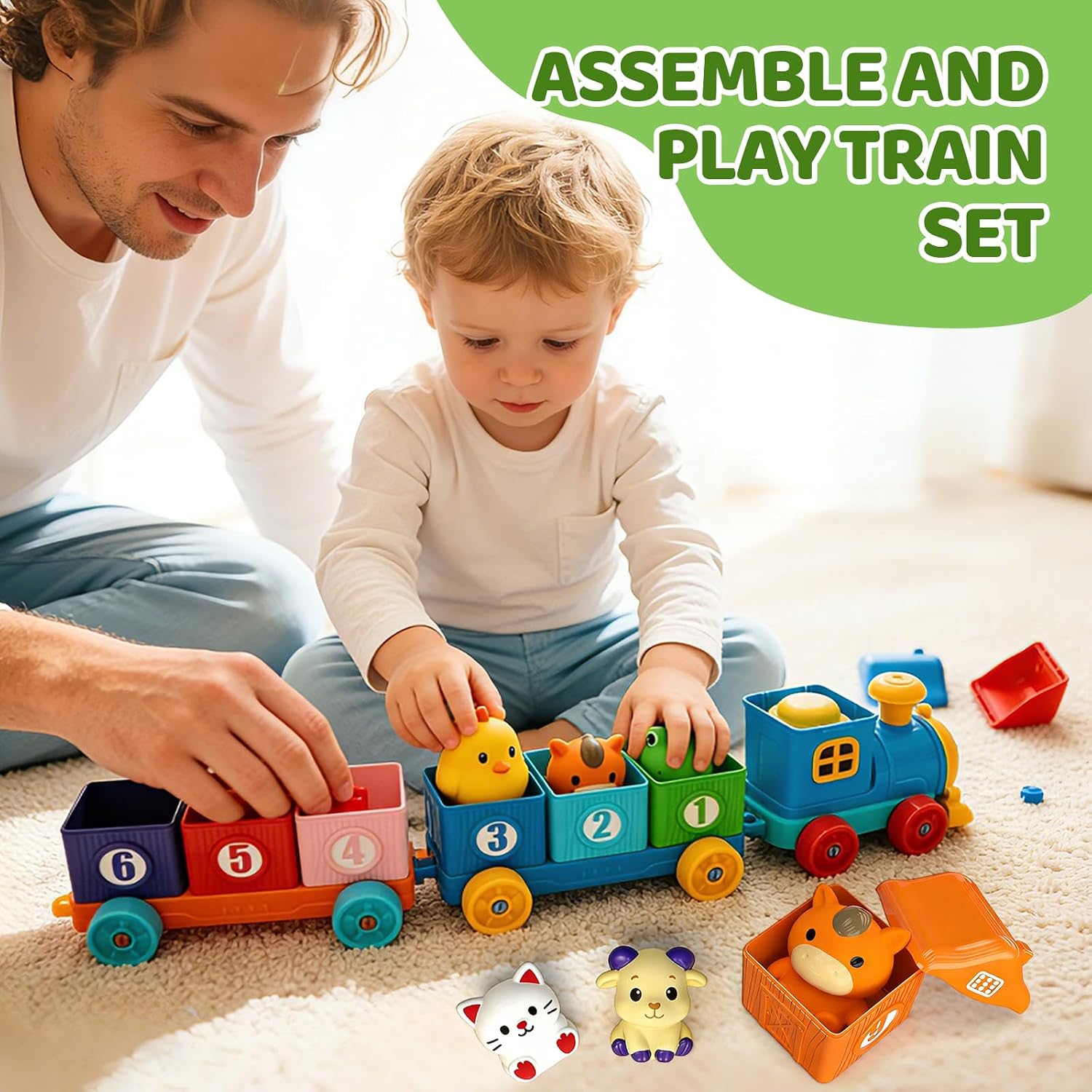 Toddler Learning Toys for 1 2 3 Year Old, Counting Matching & Sorting Montessori Train Set with 9 Farm Animals Finger Puppets, Birthday Gift for Baby Boys Girls