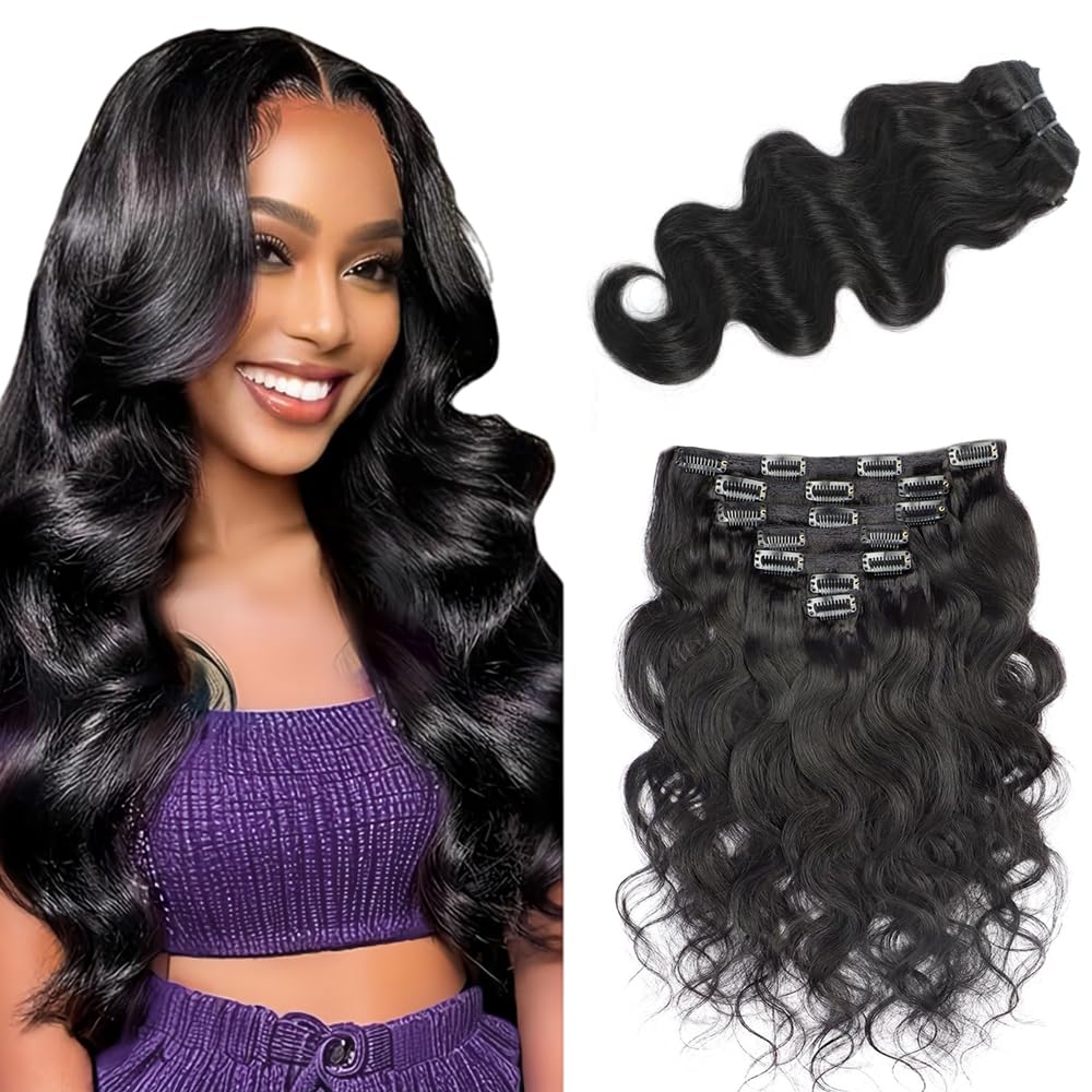 1B Body Wave Clip in Hair Extensions - 26 Inch Real Remy Soft Natural Black Human Hair, 120g 7pcs,#1B Natural Black Body Wave Clip ins for Women