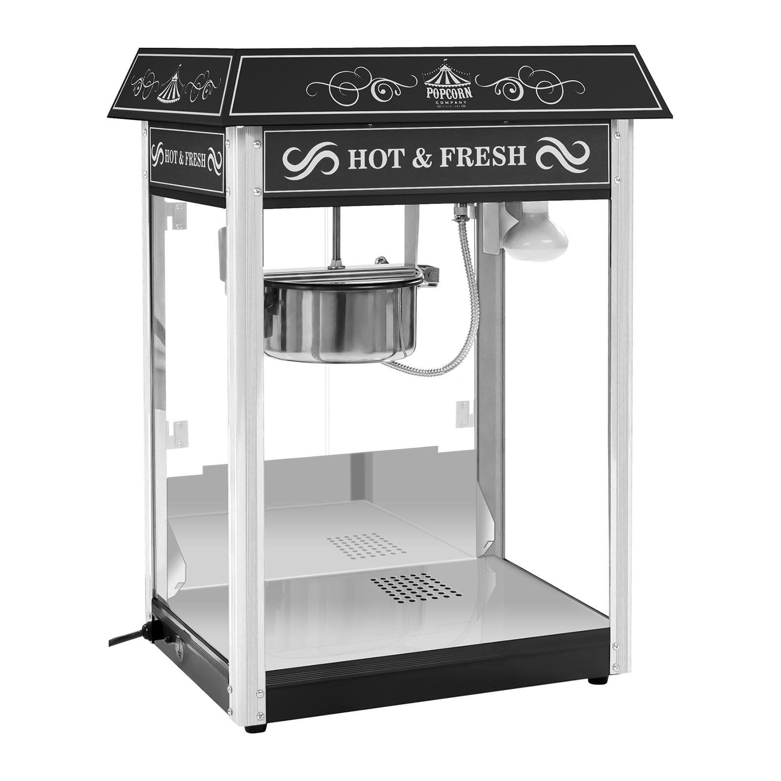 Royal Catering Maszyna do popcornu w stylu retro, czarna, 1600 W, 5 kg/h, podświetlane wnętrze, funkcja ogrzewania, wyjmowany garnek z powłoką teflonową, szuflada na okruchy, maszyna do popcornu