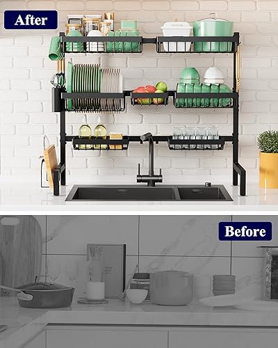 Miniatura 36 de Kitsure Escurridor de platos para encimera de cocina, artículos esenciales de organización y almacenamiento de fregadero de acero inoxidable con Gris