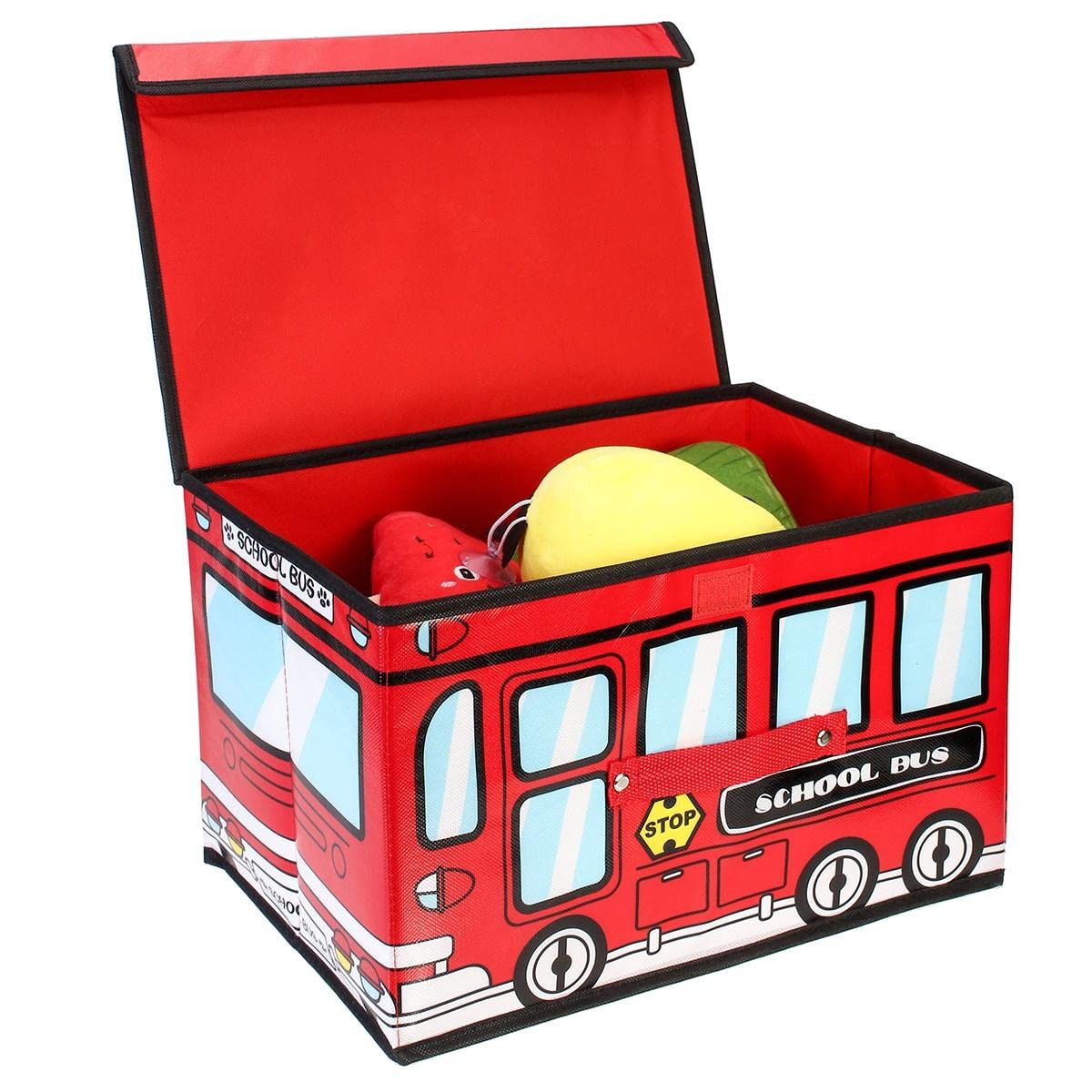 Kids Toy Chest,Toy Chest, Collapsible Storage Cubes Organizer with Handles, Kids Toy Bin with Lids, School Bus Pattern Toy Storage Organizer for Boys, Girls, Playroom, Closet, Living Room (RED)