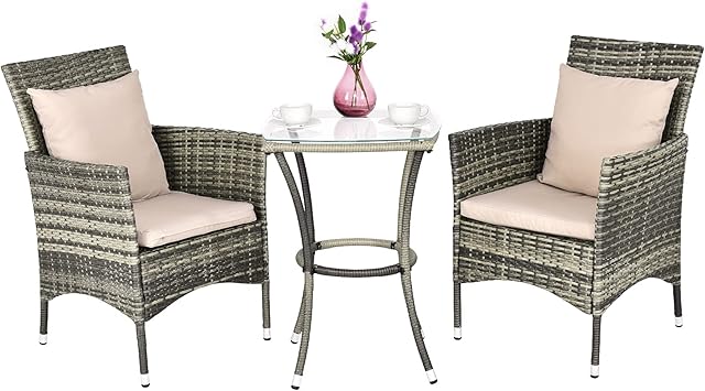 COSTWAY 3 PCS Rattan Furniture Set, Sectional Patio Bistro Set with 2 Chairs and Glass Table, Outdoor Wicker Weave Companion Sofa Set for Garden Balcony Poolside