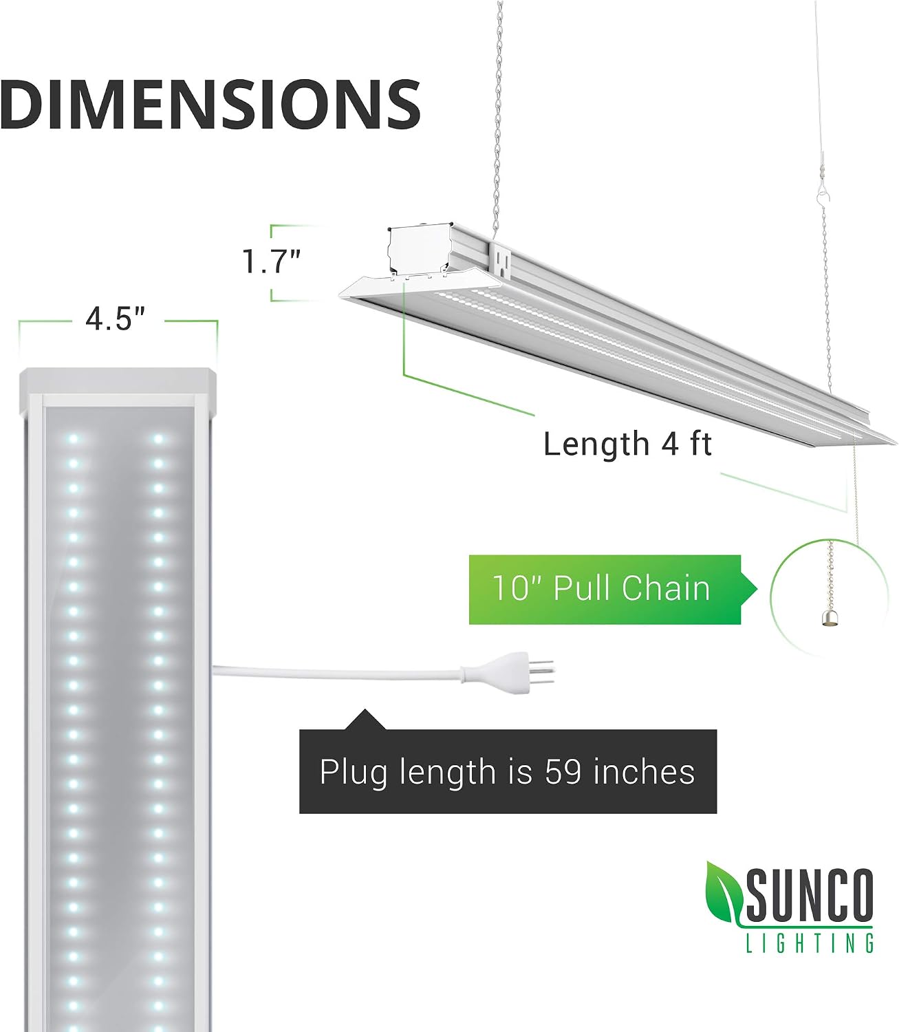 Sunco 2 Pack Flat LED Shop Light, 4 FT, Linkable Double Integrated LED, 40W=300W, 5000K Daylight, 4500 LM, Clear Lens, Plug in, Suspension Mount, Pull Chain, Garage - ETL + Energy Star