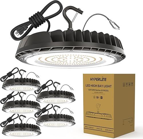 Miniatura 8 de HYPERLITE Luz LED de alta bahía de 150 W, 2 paquetes de 21000 lm con enchufe de EE. UU., luz LED UFO de alta bahía para almacén, taller, fábrica,