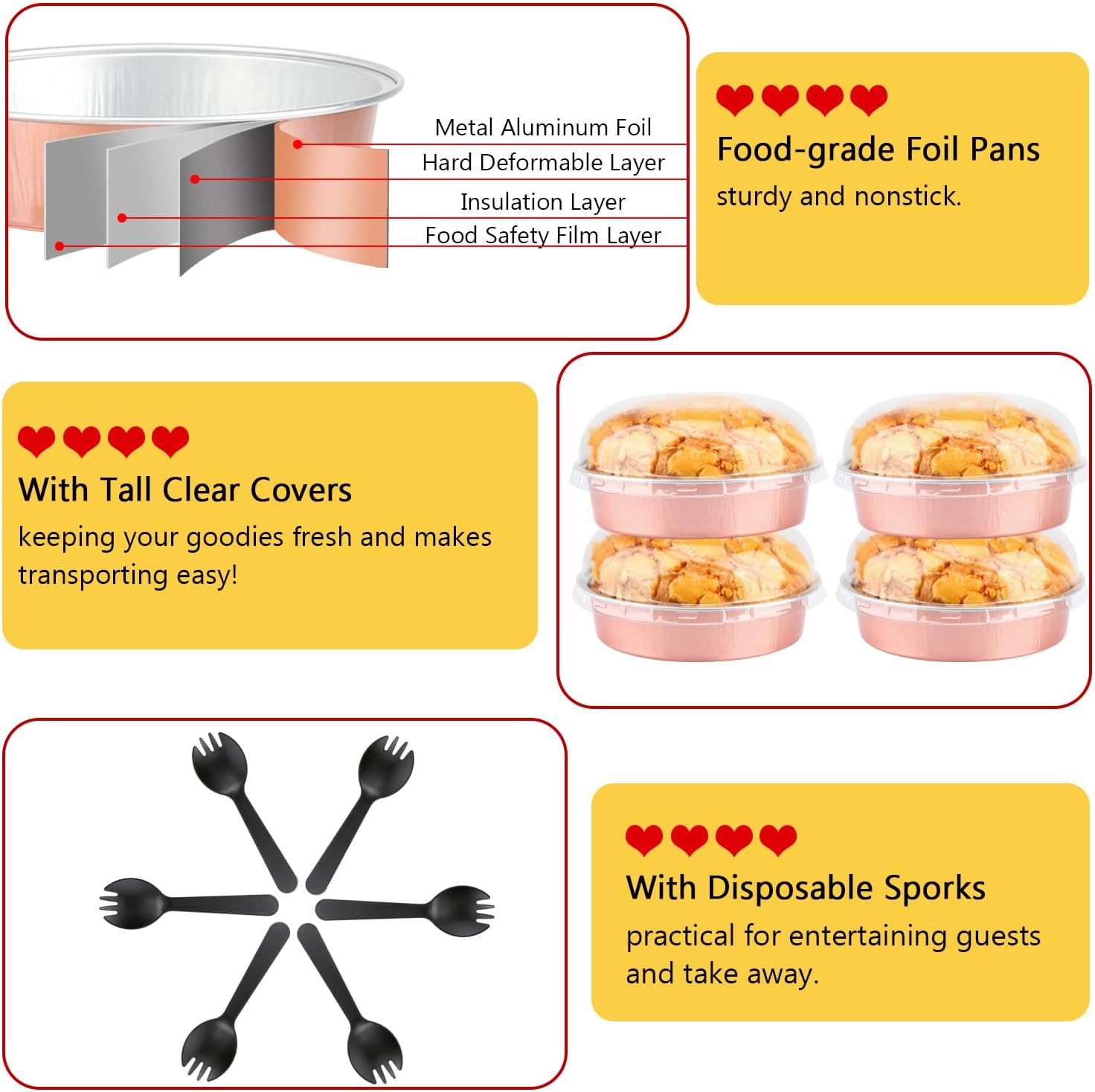 LNYZQUS 8oz Mini Cake Pans with Lids 50 Pack, 4” Disposable Small Pie Pans Aluminum Foil Baking Tins Ramekins,Small Baking Pans Muffin Containers Holders for Wedding Party-Champagne