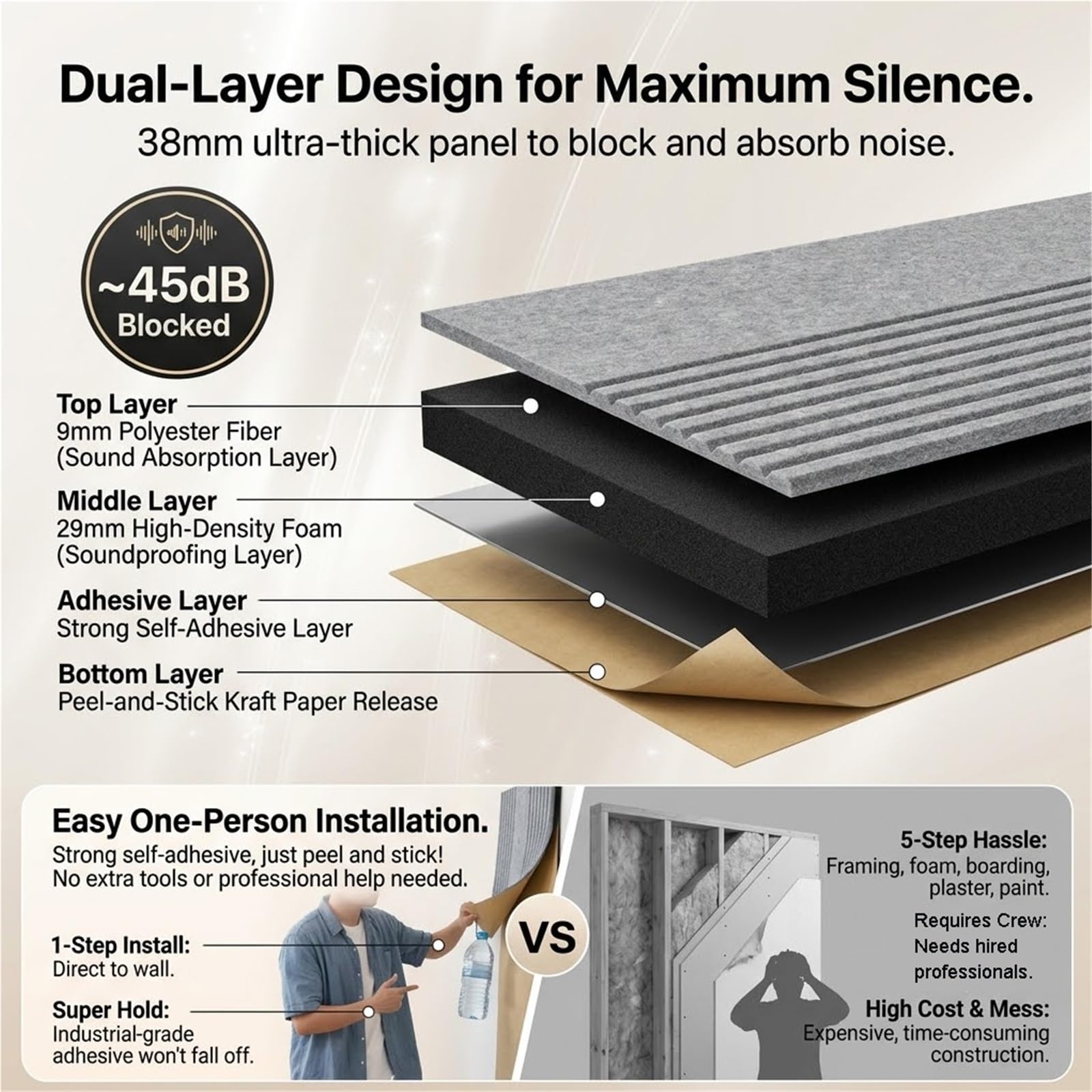 Paneles Acústicos 38mm Autoadhesivos(K,1pcs/100x50cm) | Aislamiento de doble capa | Instalación rápida sin taladrar | Espuma de alta densidad | Decoración d