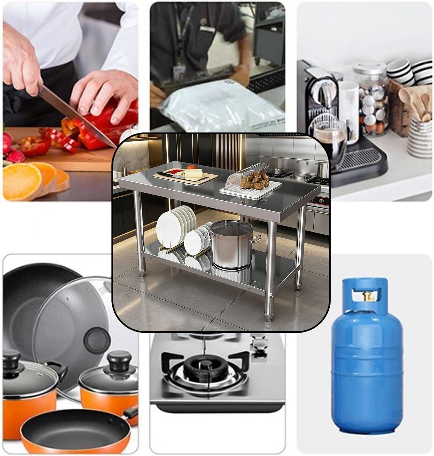 Double-Layer Stainless Steel Workbench Commercial Prep Table with Packaging countertop Worktable Open Shelving Concealed Triangular Structure Adjustable Feet(L60xW40xH80cm/23.6x15.7x31.5”)