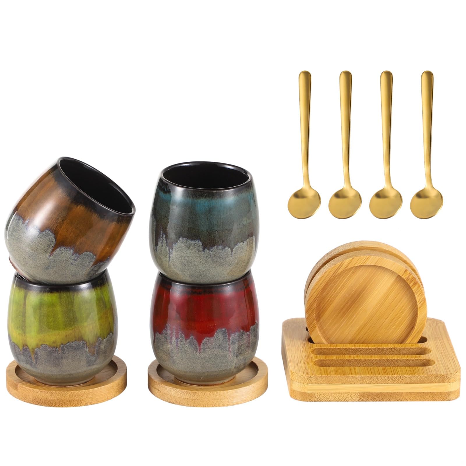 4 Espressotassen aus Keramik mit Untersetzer aus Holz, handbemalt mit vergoldeten Löffeln, modernes Tee- und Kaffeeset