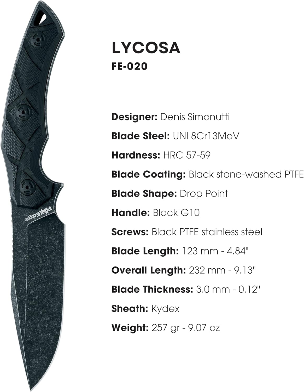 Fox Edge Lycosa FE-020 Fixed Blade Knife, 4.84in 8Cr13MoV Drop Point Full Tang Blade, G10 Handle, Kydex Sheath, Outdoor Survival Camping Knife (Black)