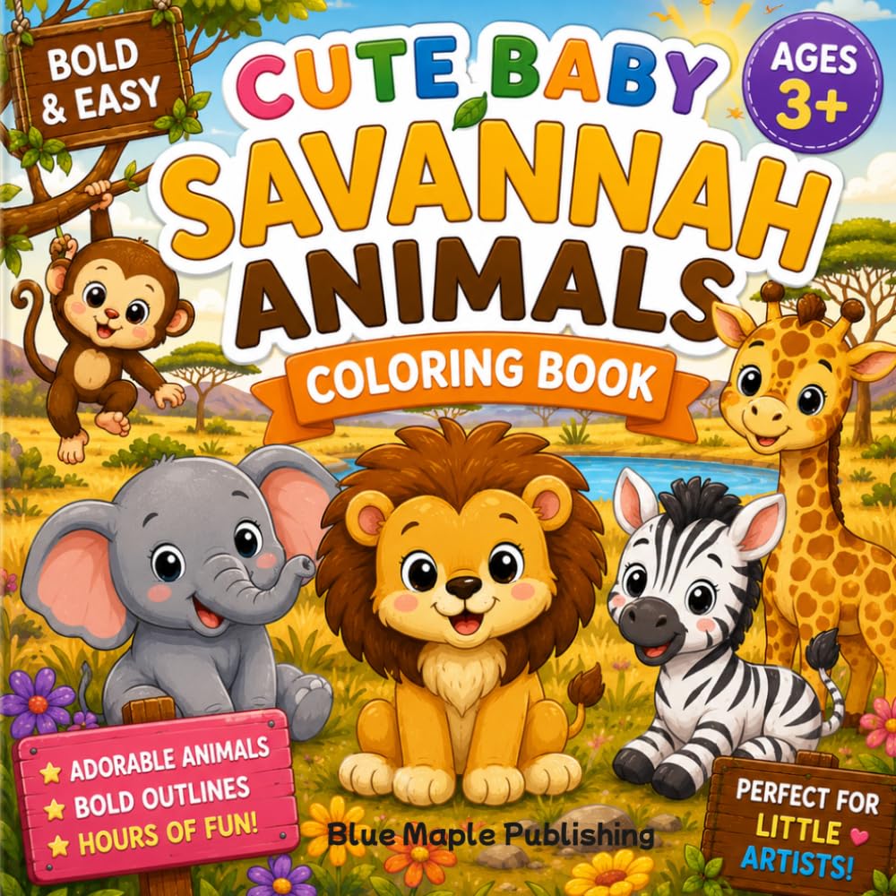 Cute Baby Savannah Animals Coloring Book: Bold & Easy Coloring Pages for Kids Ages 3+ (Cute Baby Animals Coloring Book)
