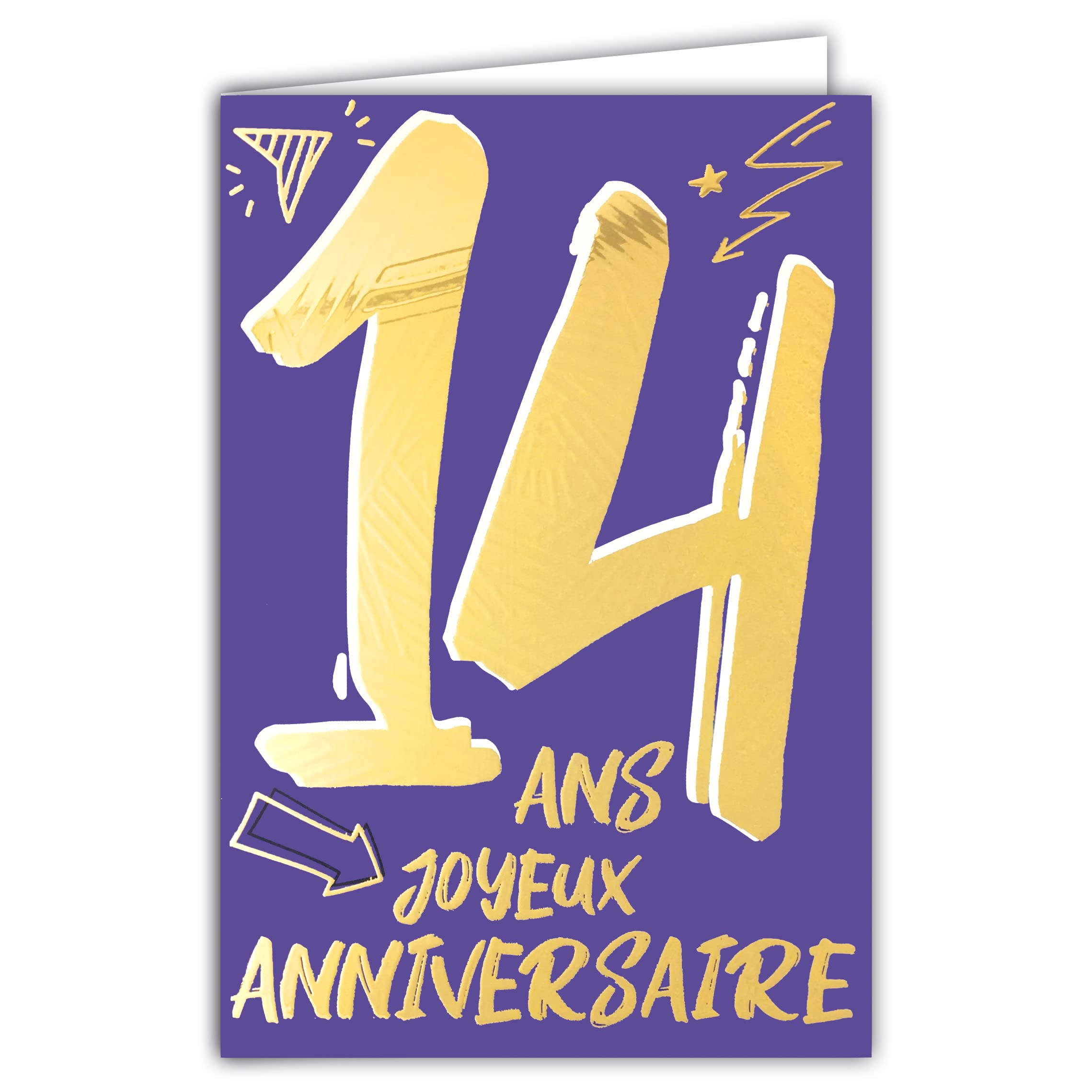 Afie 69-2414 14th Birthday Card in Shiny Gold Embossed Textured for Teens Boys Girls - Coloured Text Suitable for Age Inside - Envelope Included - Made in France - ColourAges