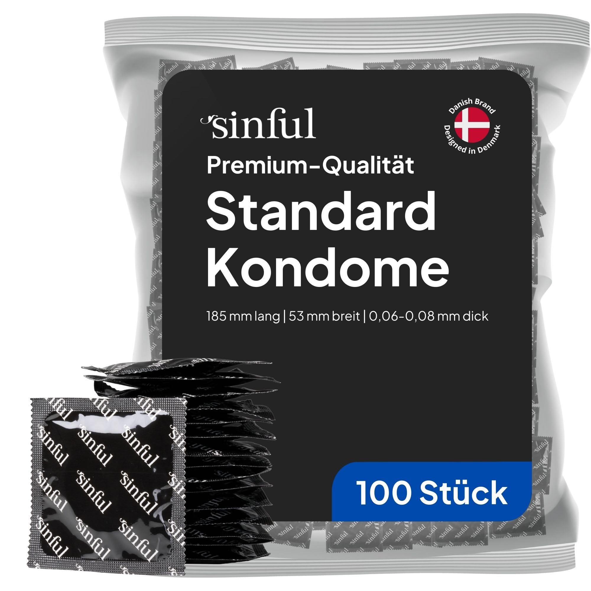 Sinful Kondome 100 Stück Packung - 53 mm Breite Kondome 100er Pack - 100 Condoms 53mm Umfang - Premium Kondom für Männer mit Gleitgel - Kondom Großpackungen - Condoms for Men
