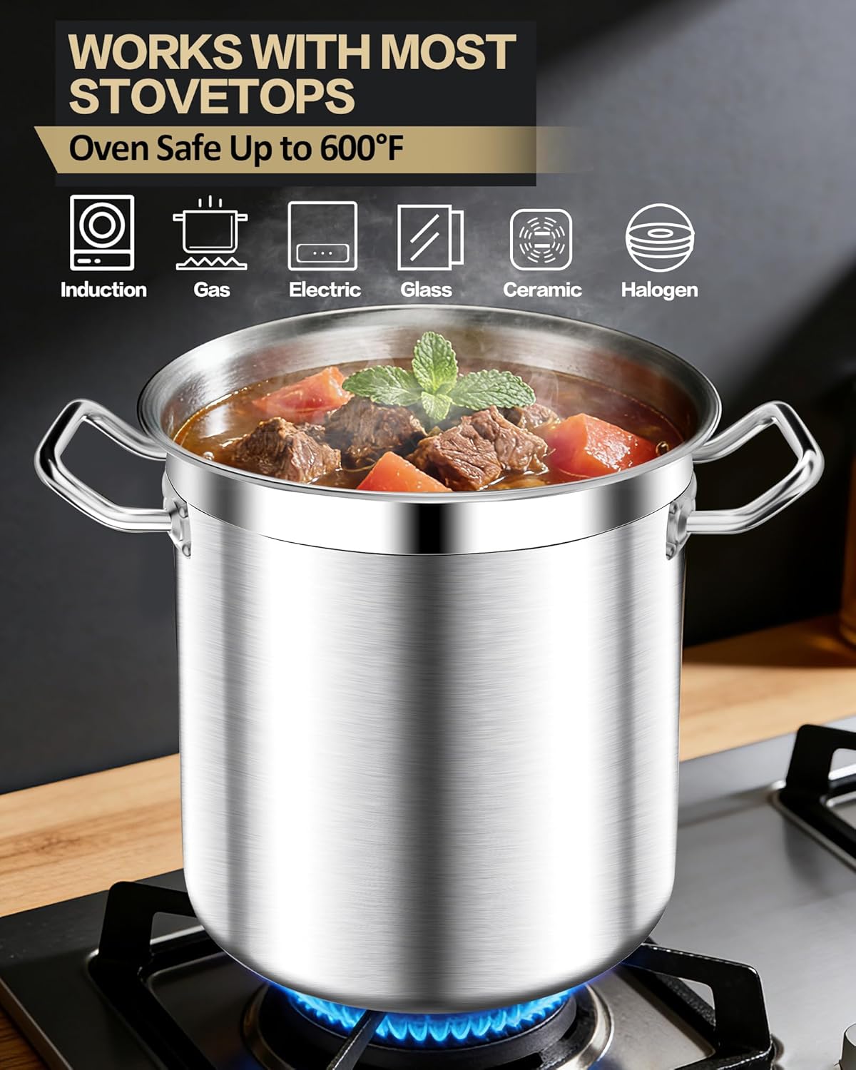 Commercial Grade Large Stock Pots - Soup Pot with Lid - Non-Nickel Stainless Steel - Healthy Cookware Polished Stockpots - Heavy Duty - 35 Quart (8.8Gallon)
