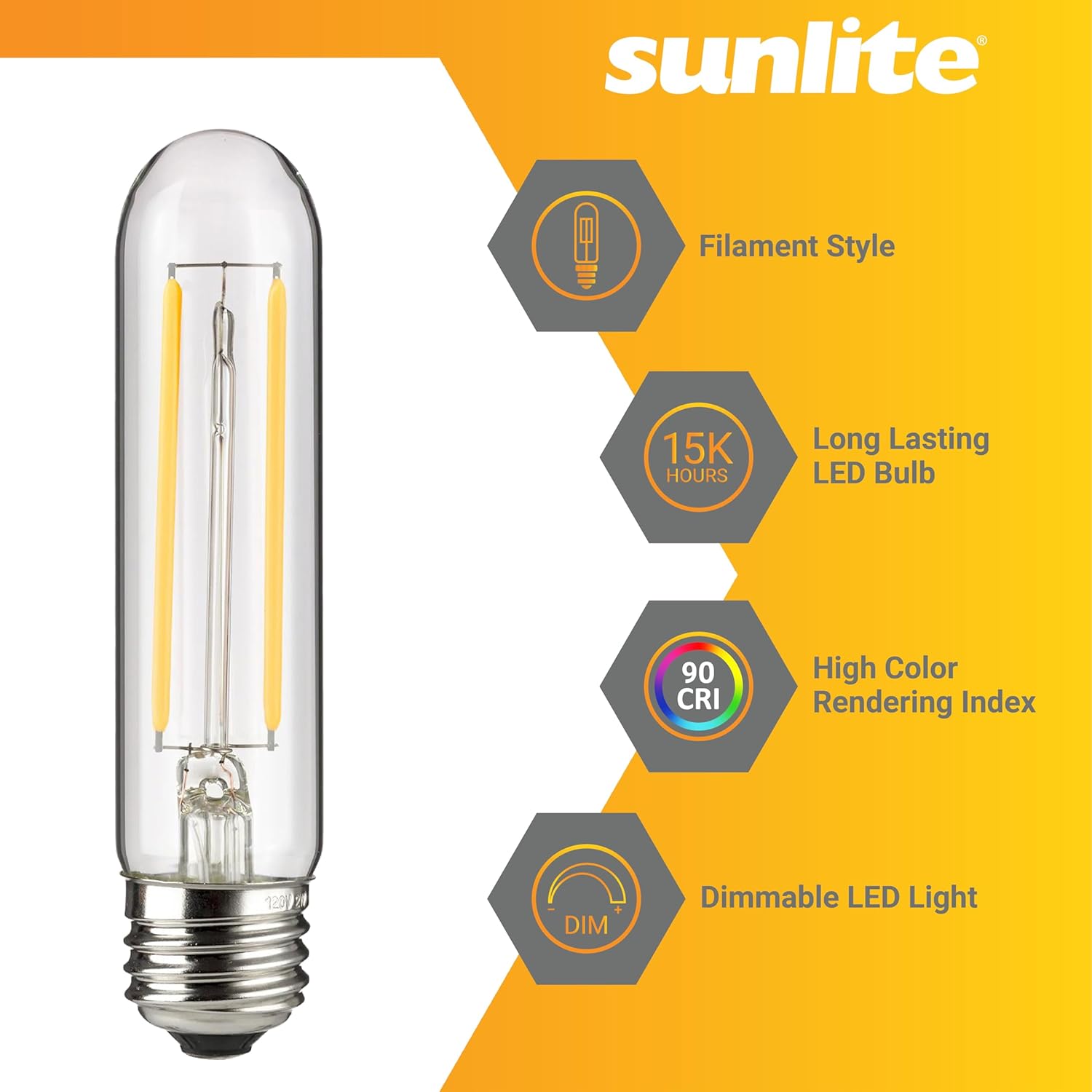 Sunlite LED Filament T10 Tubular Light Bulb, 2 Watts (25W Equivalent), 160 Lumens, Medium E26 Base, 120 Volts, Dimmable, 90 CRI, UL Listed, Clear, 4000K Cool White, 10 Pack