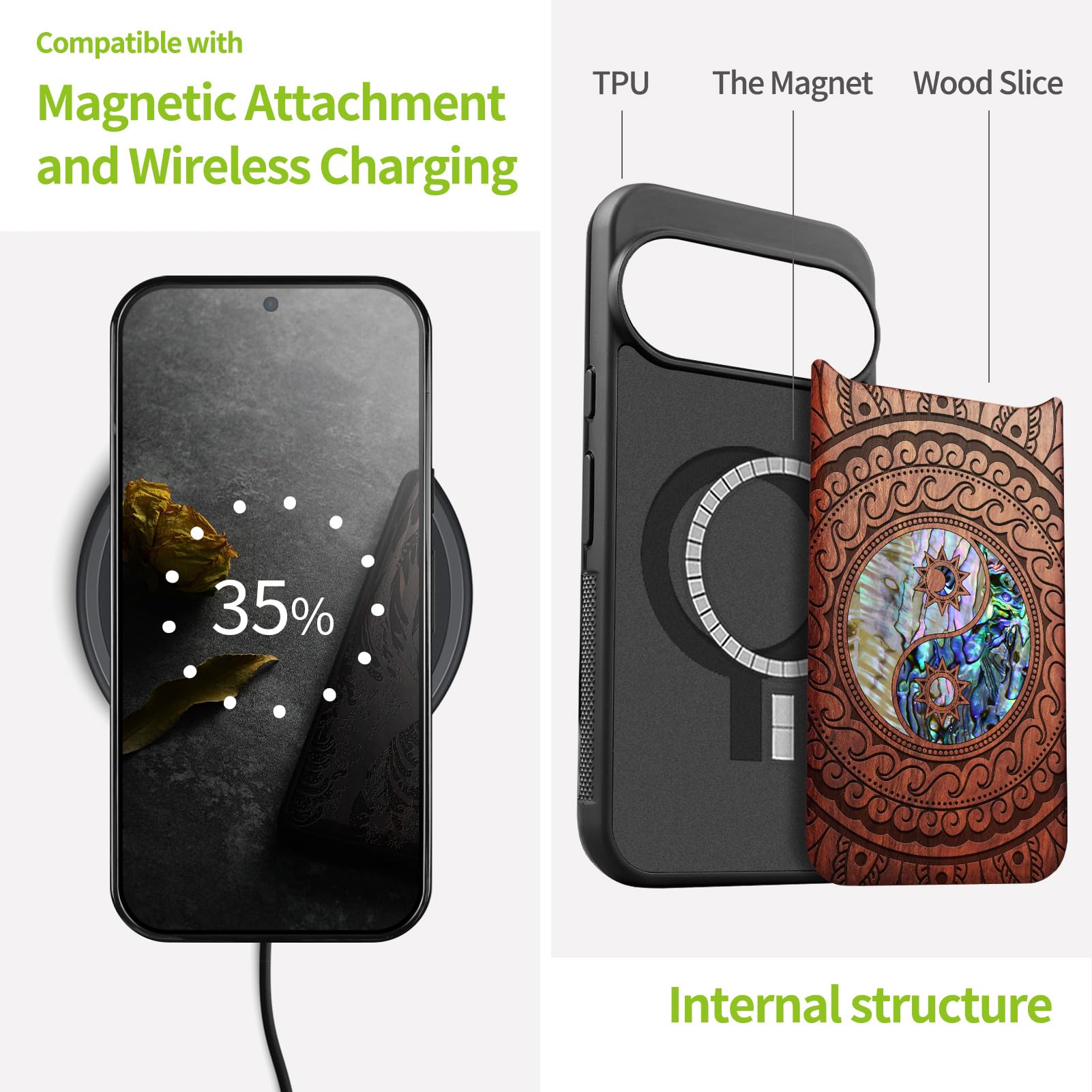 Carveit Madera Funda para Google Pixel 11 Pro (Rosa-Cachemira Yin Yang) | Compatible con MagSafe [Grabado en madera e incrustación de mejillones] Magnética Cover para Pixel 11 Pro Carcasa