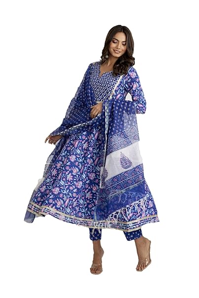 VASTRAKUND Women Cotton Anarkali Floral Printed Navy Blue Kurta Pant with Kota Doriya Dupataa Set for Ladies