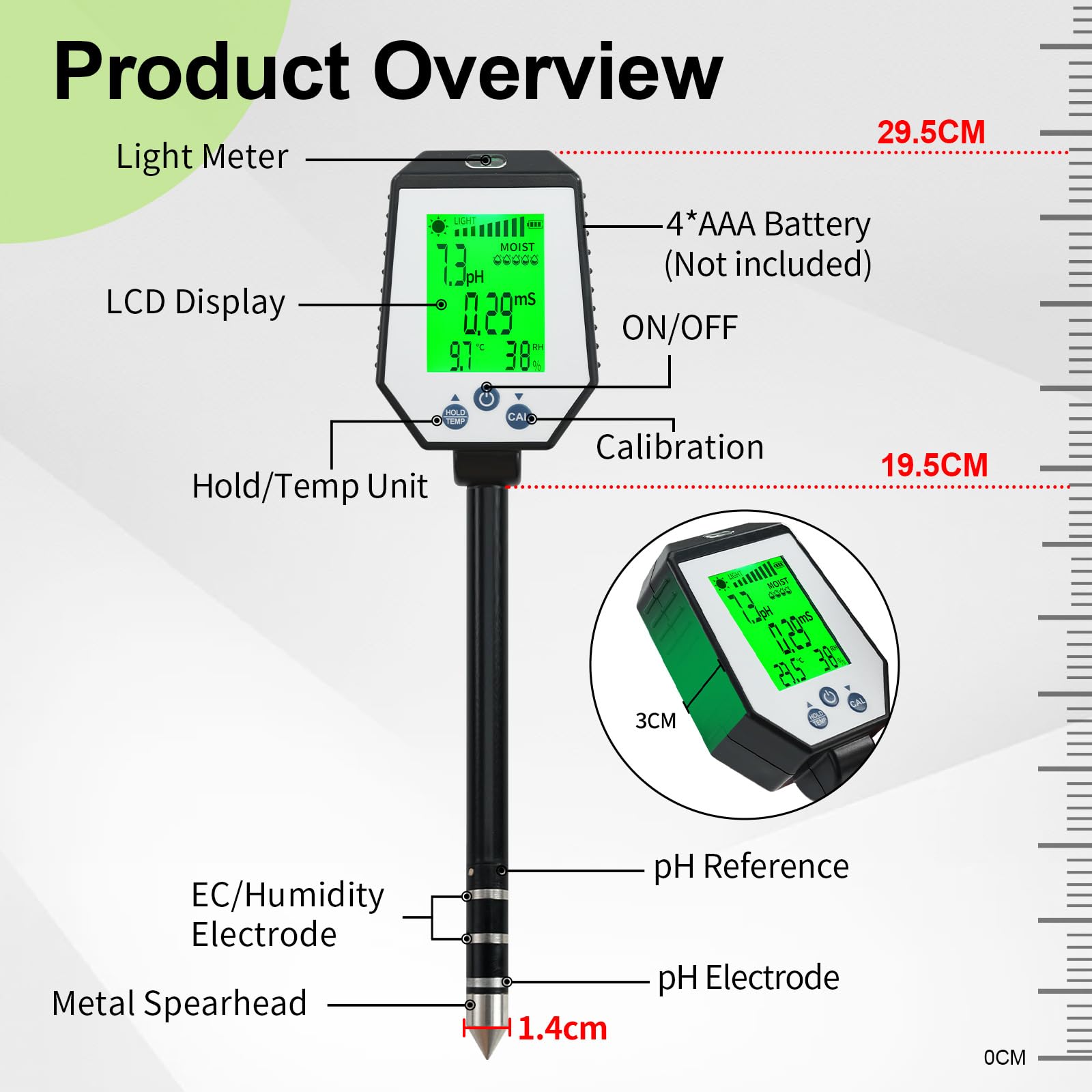 Comprobador de suelo digital giratorio 6 en 1: medidor preciso de PH, humedad, temperatura, luz y Ec para interiores y exteriores, fermentación, granjas y céspedes