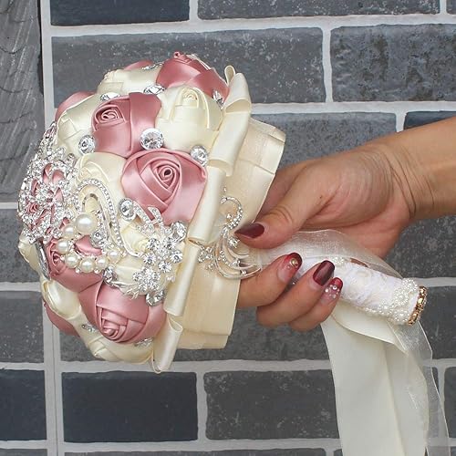 Miniatura 6 de Ramo de boda para novia y dama de honor, ramo de rosas de seda artificial para ocasiones de boda, 7 pulgadas de diámetro, 9.8 pulgadas de largo, 1