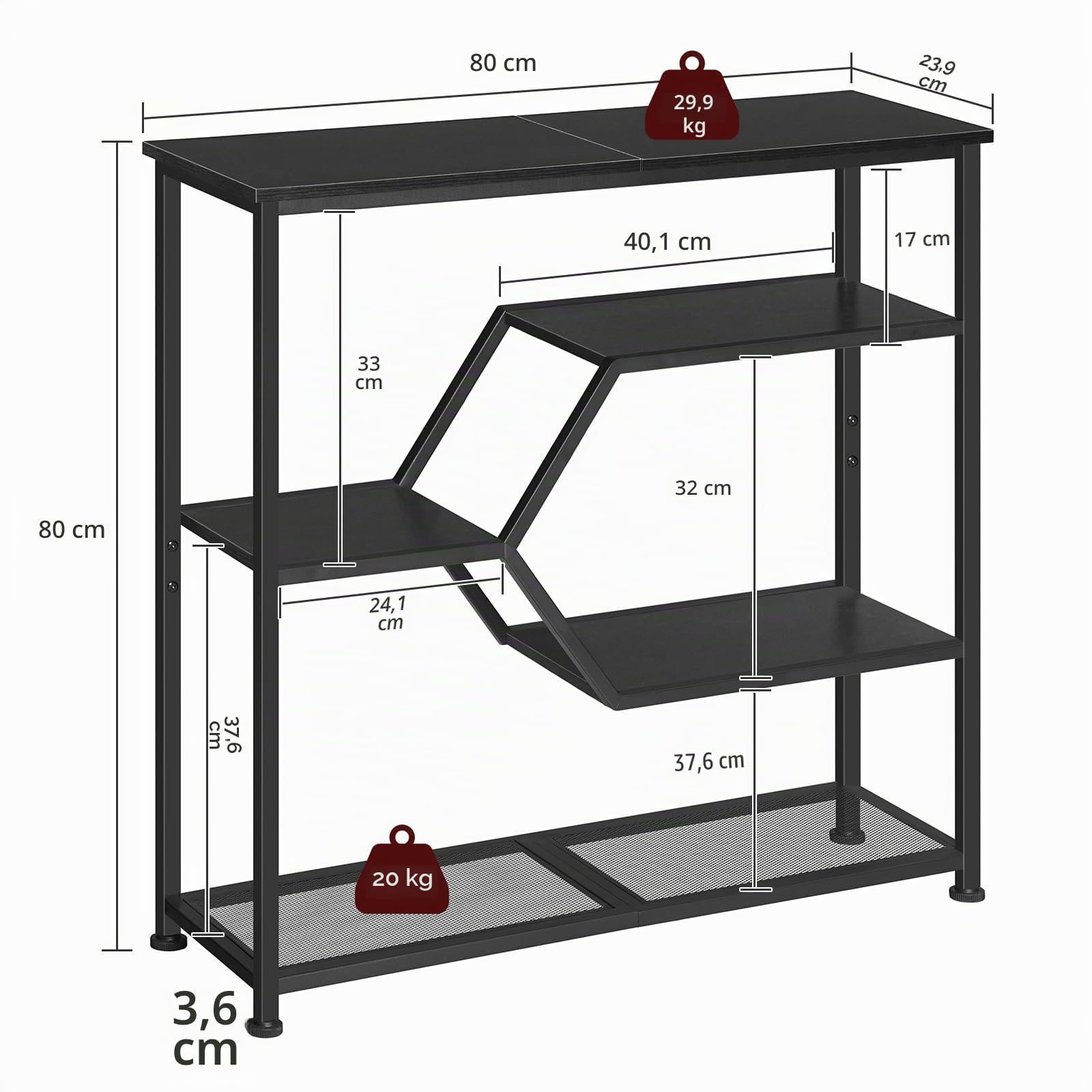 MAHANCRIS Tavolo Consolle, 5 Ripiani, Consolle da Ingresso in Stile Industriale, Tavolo Dietro Divano da 80 cm, Struttura in Metallo, per Soggiorno, Ingresso, Corridoio, Nero ACTHB13101