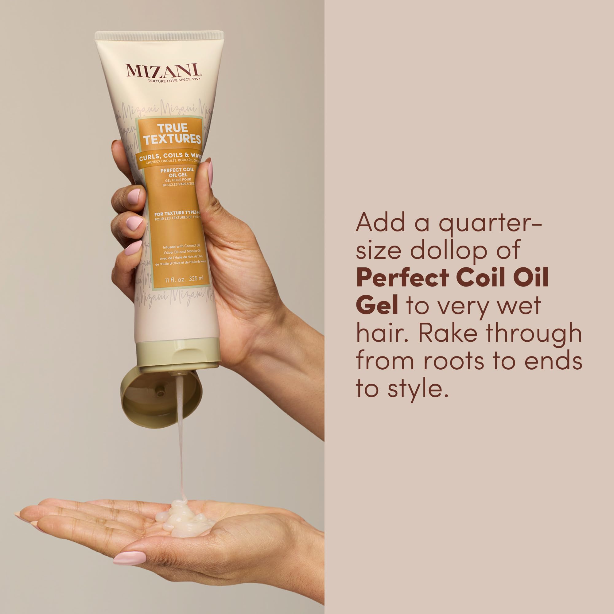Mizani Coil-Gel für perfekt definierte, unkomplizierte Locken, aktiviert und hält das Haar während es hydratisiert, angereichert mit Oliven-, Kokos- und Marula-Ölen, True Textures Perfect Coil Oil