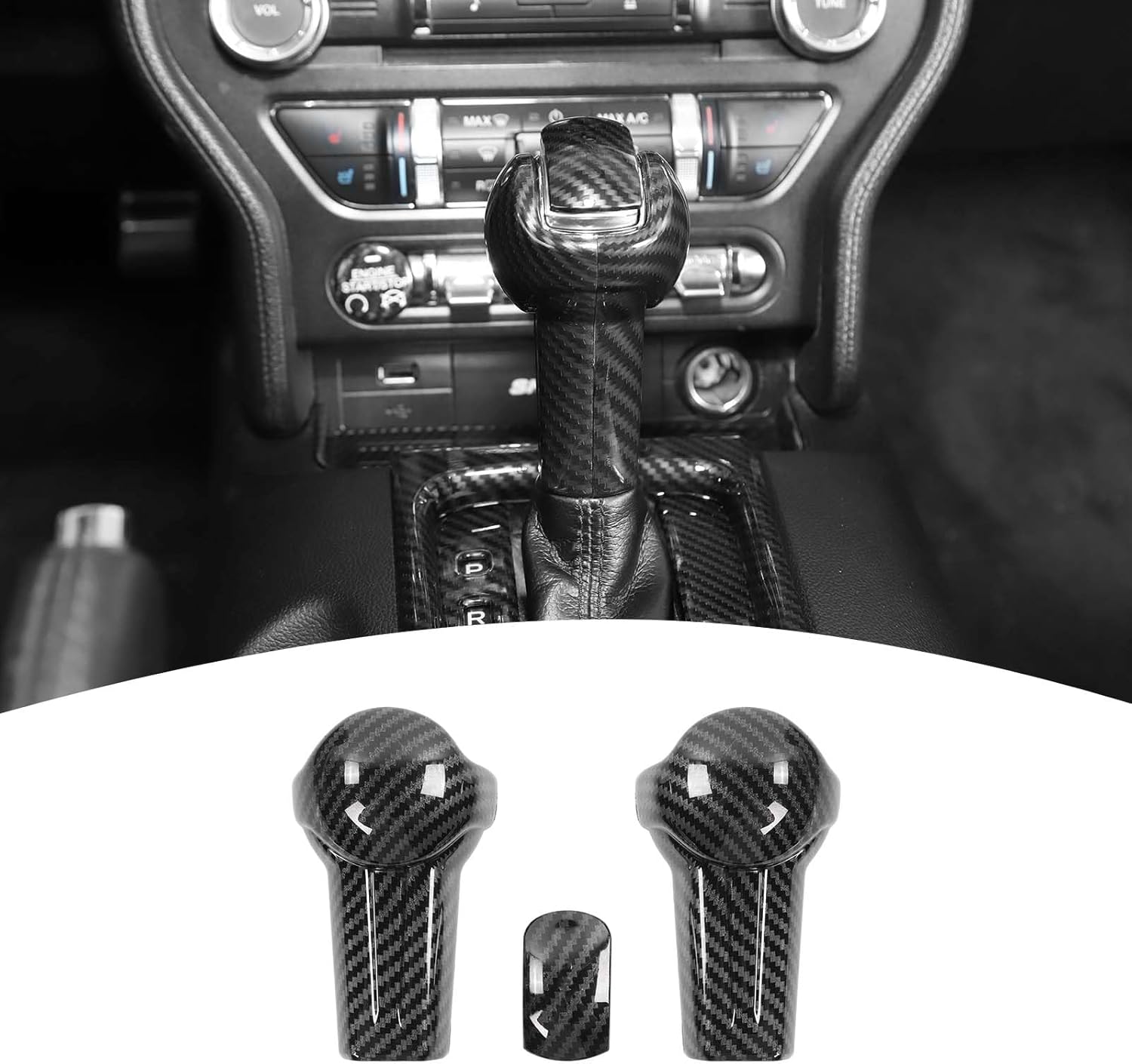 for Mustang Gear Shift Knob Cover Trim Compatible with 2015-2023 Ford Mustang Carbon Fiber Interior Accessories 3pcs