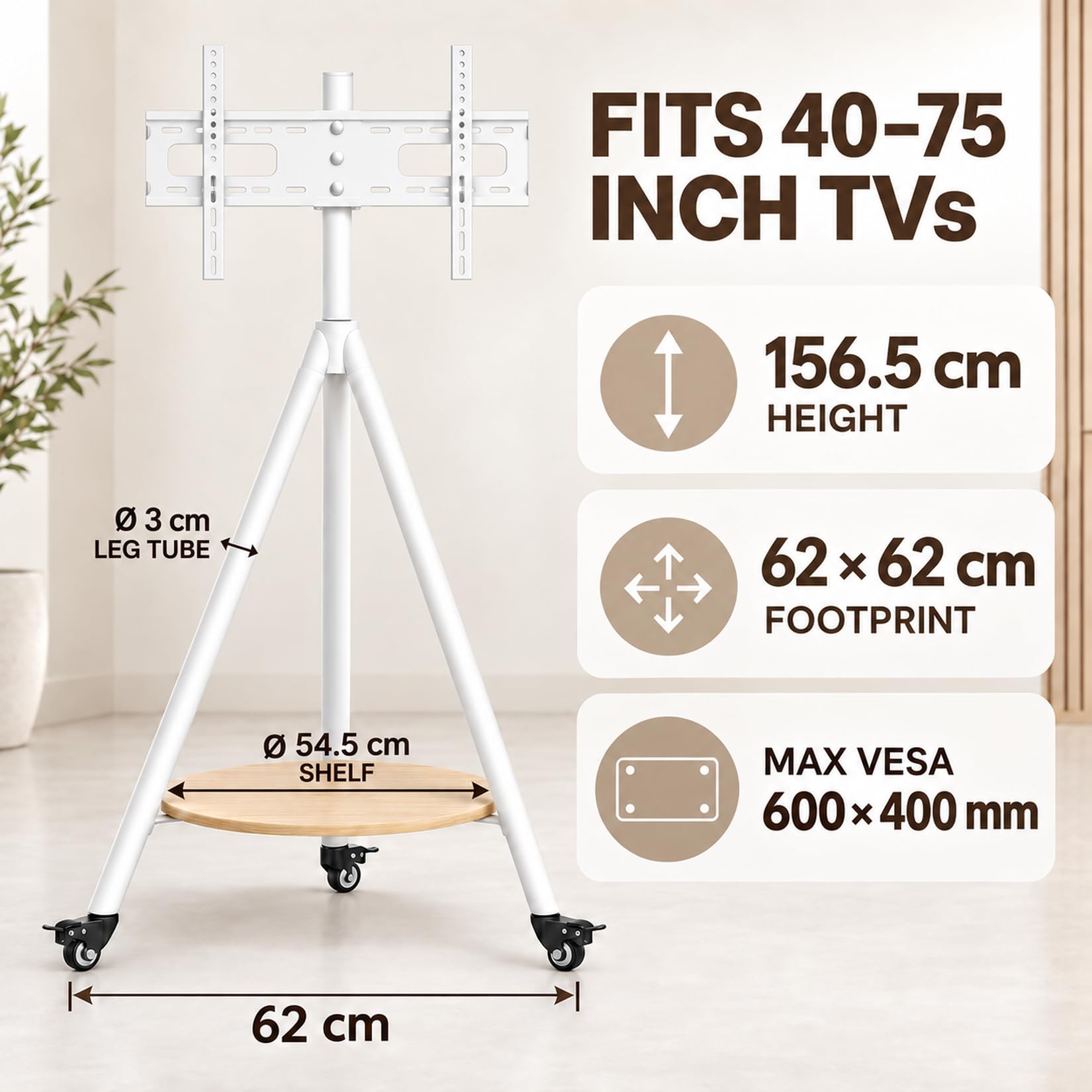 Stojak na telewizor na kółkach 40-75 cali, maksymalne obciążenie 50 kg, regulacja wysokości z kółkami i półką
