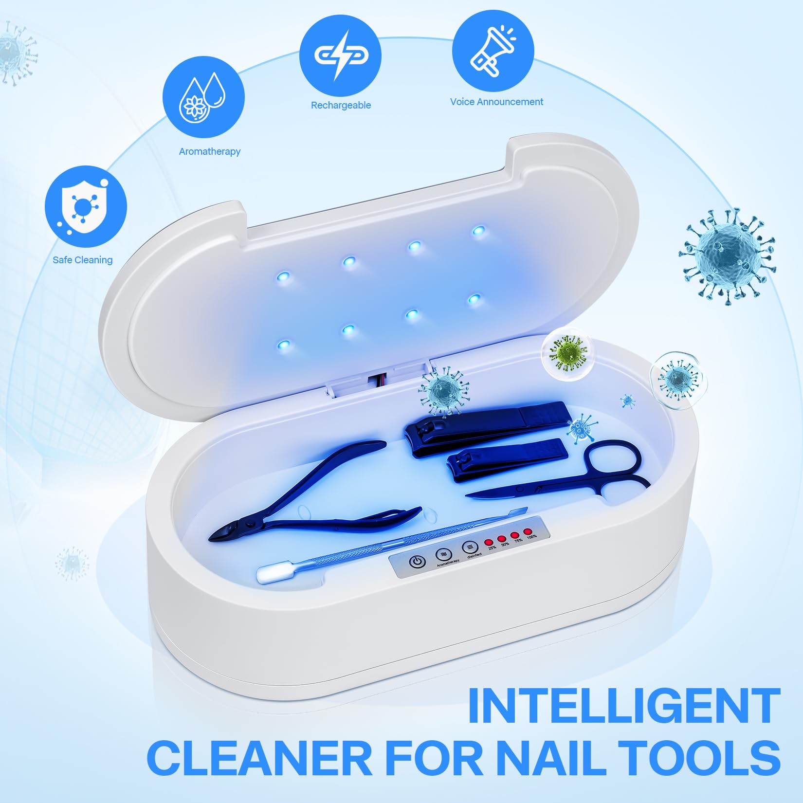 Esterilizador de herramientas de uñas, multifunción con luz azul, caja esterilizadora de limpieza de aromaterapia para joyas, gafas, teléfono, manicura de uñas, herramientas de maquillaje 2