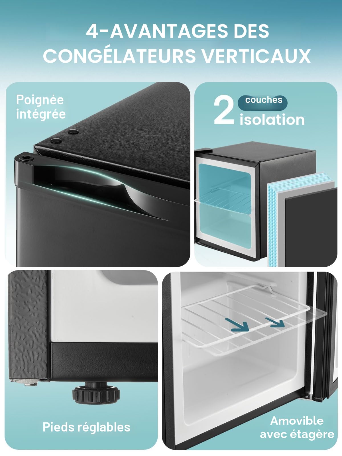 FOHERE 32L Mini Congélateur Porte Réversible Pieds Réglables Silencieux Noir