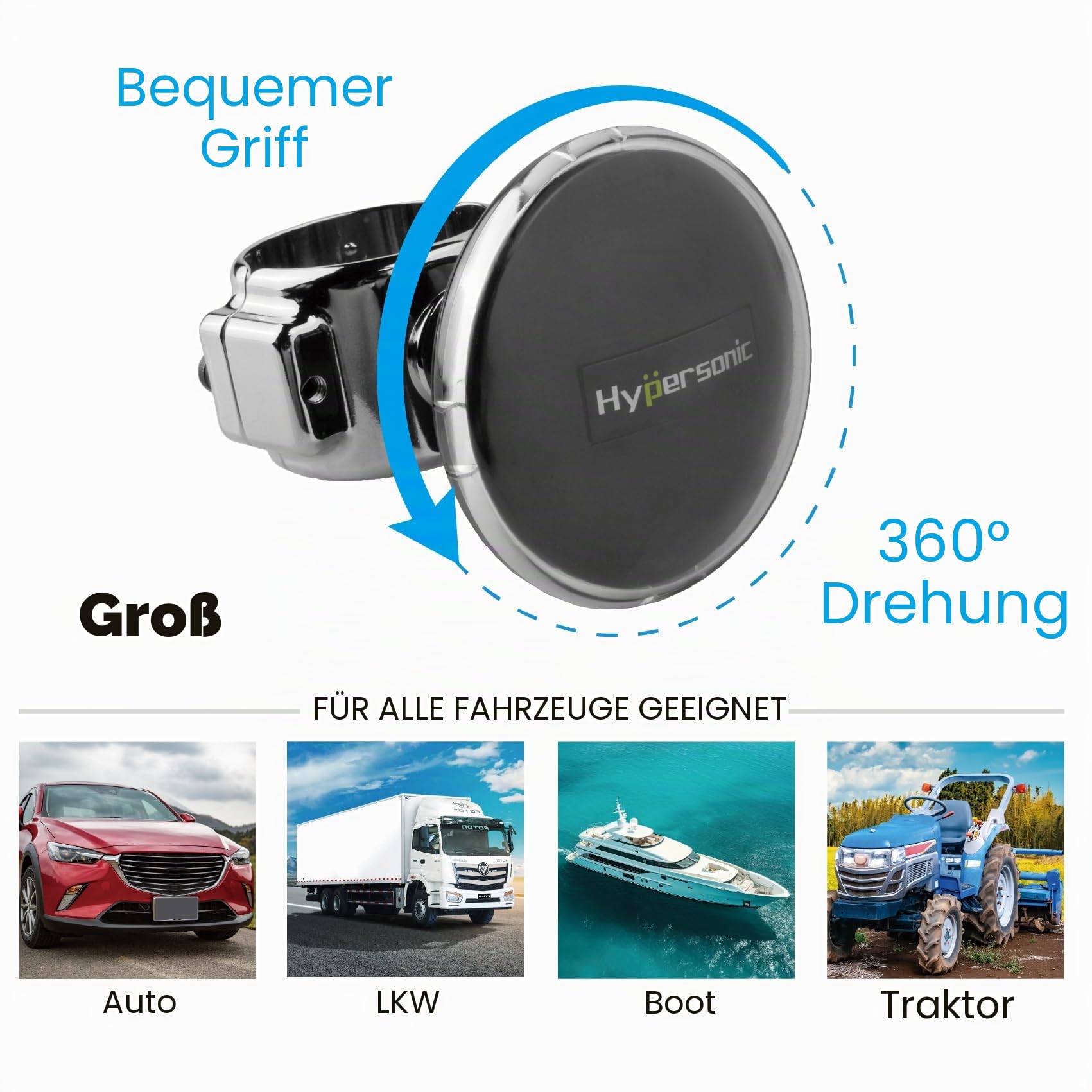 Großer Lenkradknauf, Lenkradspinner, flexibler und langlebiger Kraftgriff mit Lager passend für Autos, LKWs, Traktoren, Mäher, Gabelstapler und Boote Hypersonic