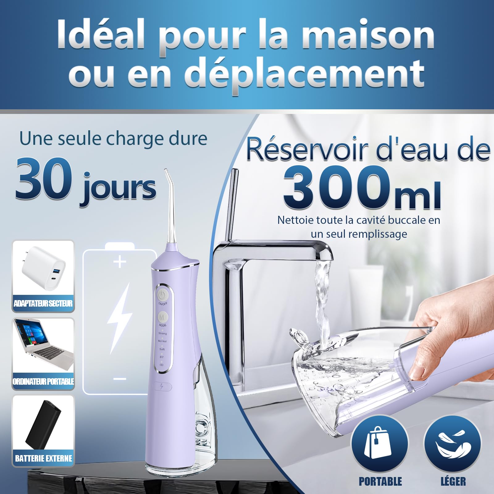 OasiSmile Jet Dentaire Hydropulseur: 5 Embouts Rotatifs 360°, 4 Modes & DIY Pression Réglable, Nettoyage Dents, Irrigateur Oral Étanche IPX7, Hydropulseur Portable 300 ML, Maison et Voyage, Violet