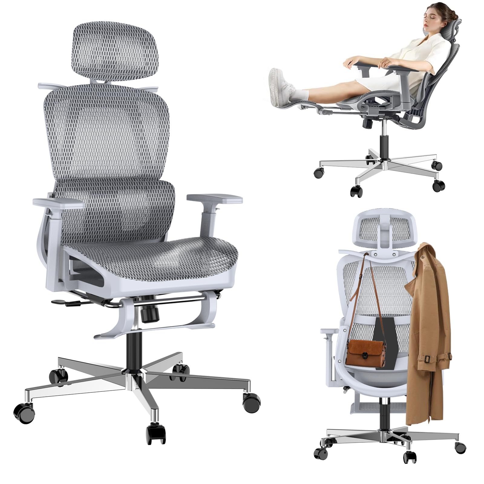 YOBWIK Silla de Oficina Ergonómica,con Pedal telescópico,Soporte Lumbar, Reposabrazos Reposacabezas Ajustable, Silla Escritorio para Computadora Giratoria con Respaldo Malla Transpirable,Gris
