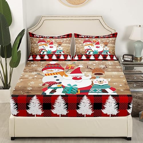 Miniatura 3 de Erosebridal Sábana bajera ajustable de Feliz Navidad, juego de ropa de cama Kawaii de Papá Noel para niños, sábanas de animales de ciervo para