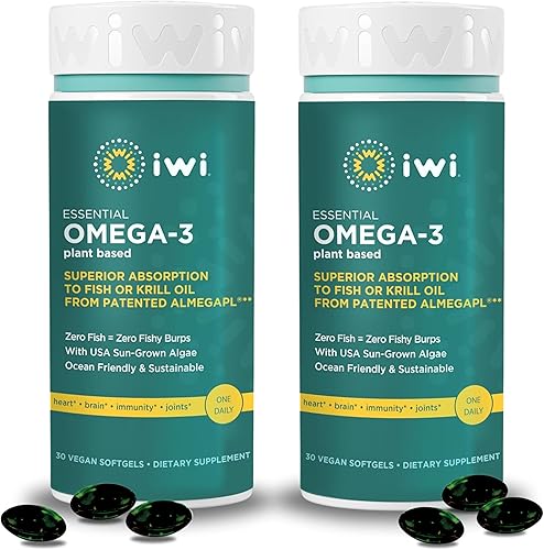Miniatura 7 de Iwi Omega-3 Essential, 30 cápsulas blandas (30 porciones), algas omega 3 a base de plantas con EPA + DHA, suplemento dietético de apoyo para el