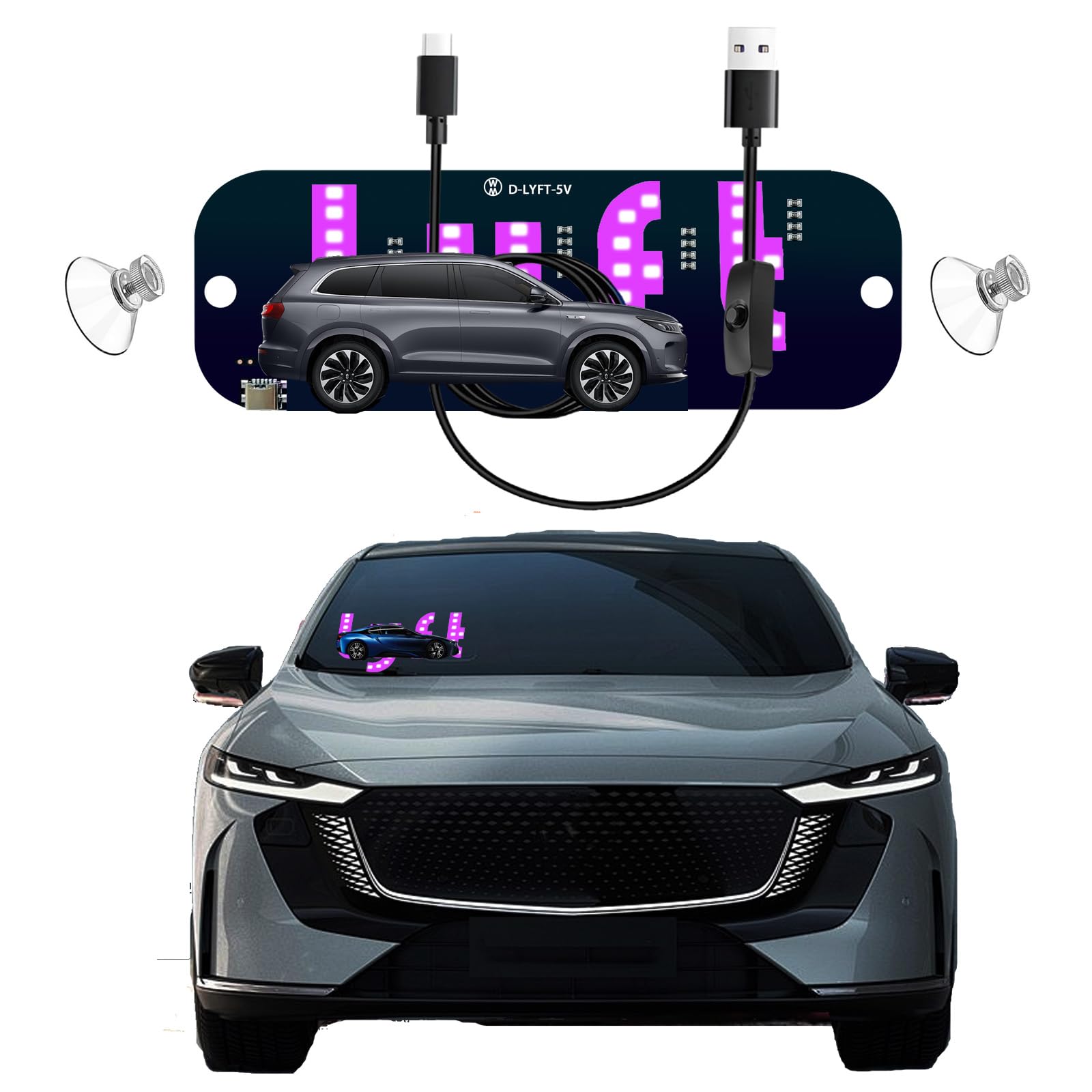 Light Signs for Car, Pink LED, USB Type-C Touch Dimmer Control, Suction Cup Mount， Light Board Sign Suitable for All Cars (pink) - 2