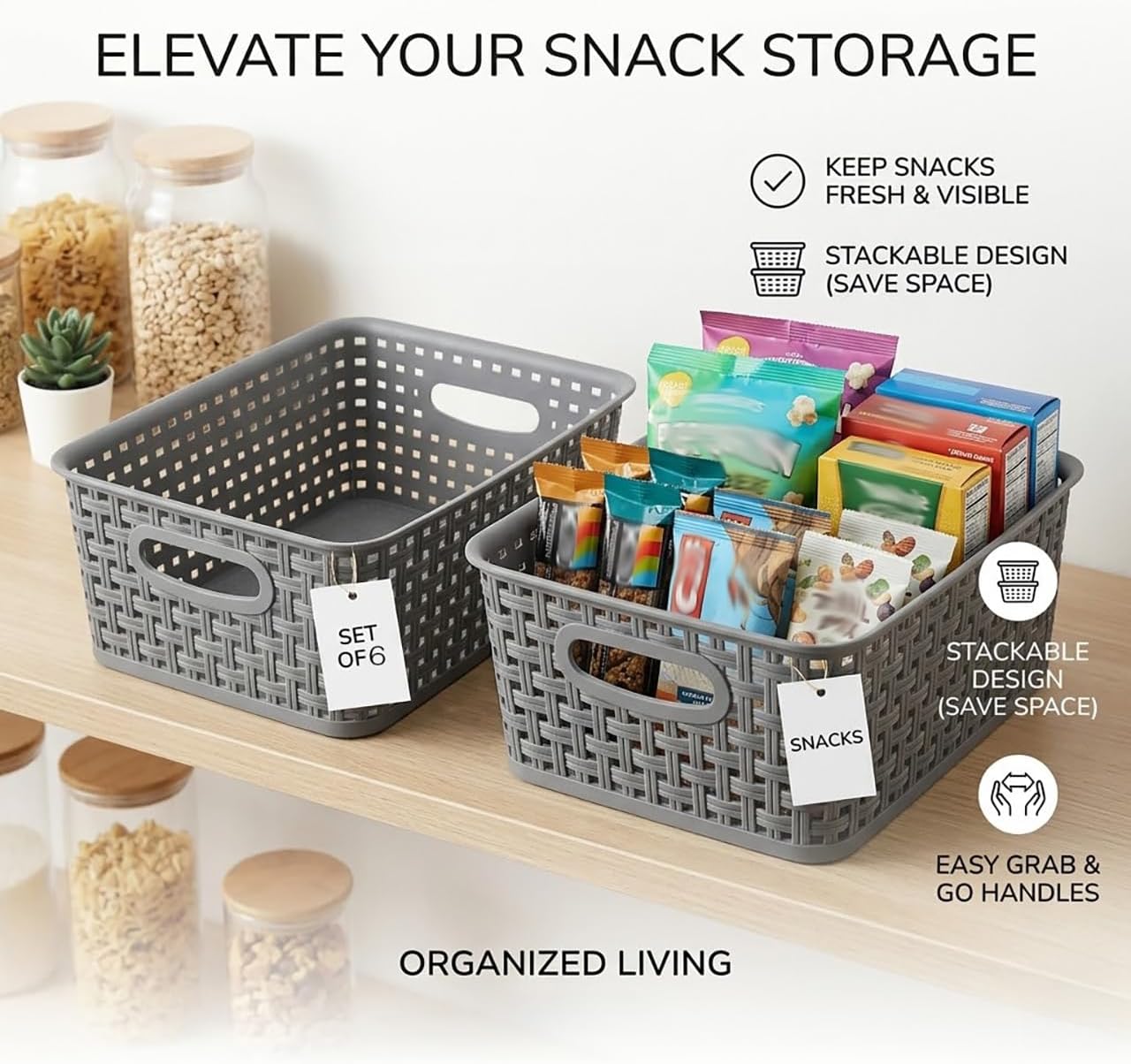 Weave Plastic Storage Basket 6-Pack, Woven Grey Baskets Bins for Organizing Bathroom, Kitchen and Office