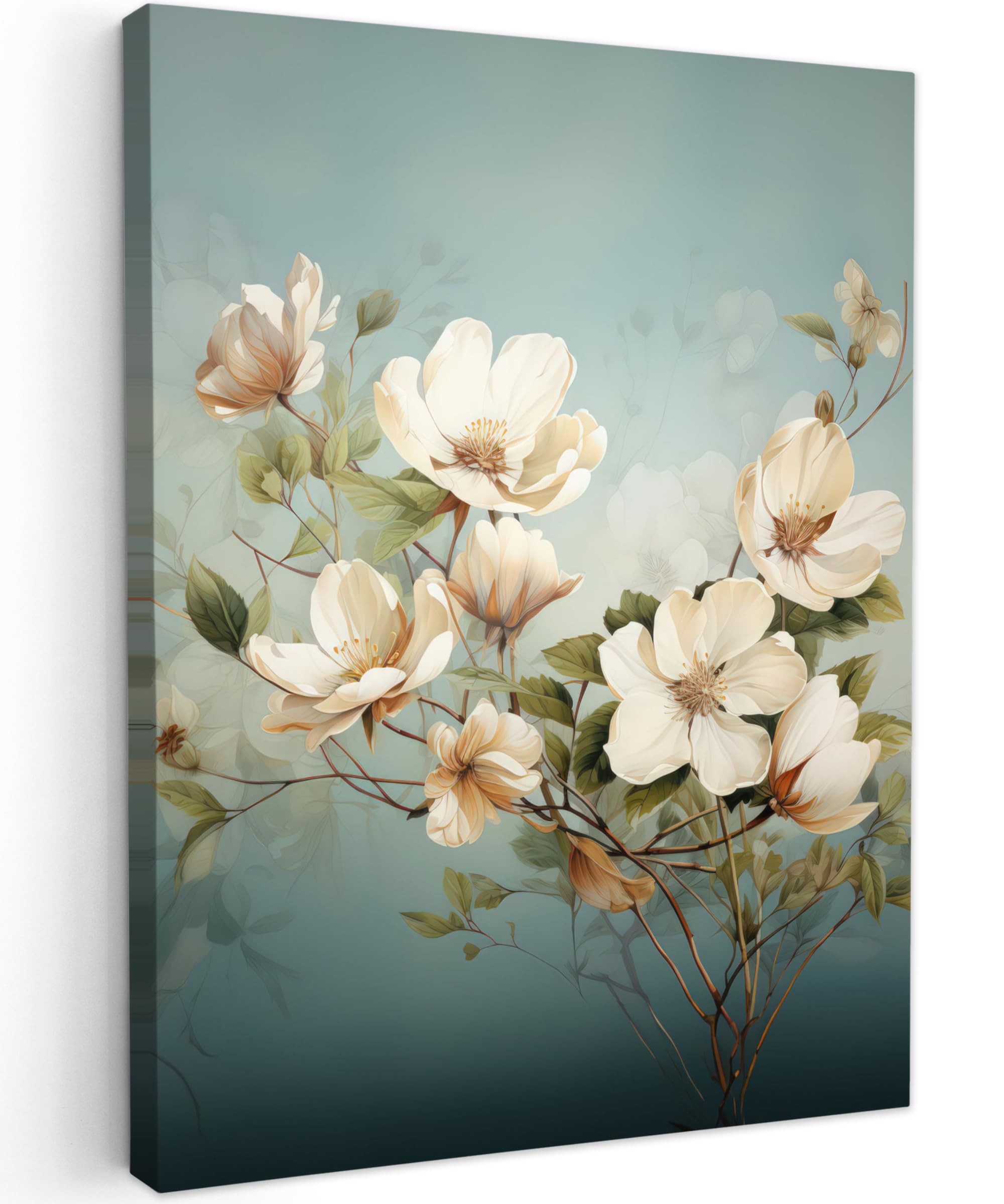 MuchoWow© Bilder 60x80 cm Wohnzimmer Deko Modern Wandbild Foto auf Leinwand Bild Schlafzimmer Room Decor Geschenke Vintage - Blumen - Weiß - Zweige - Natur