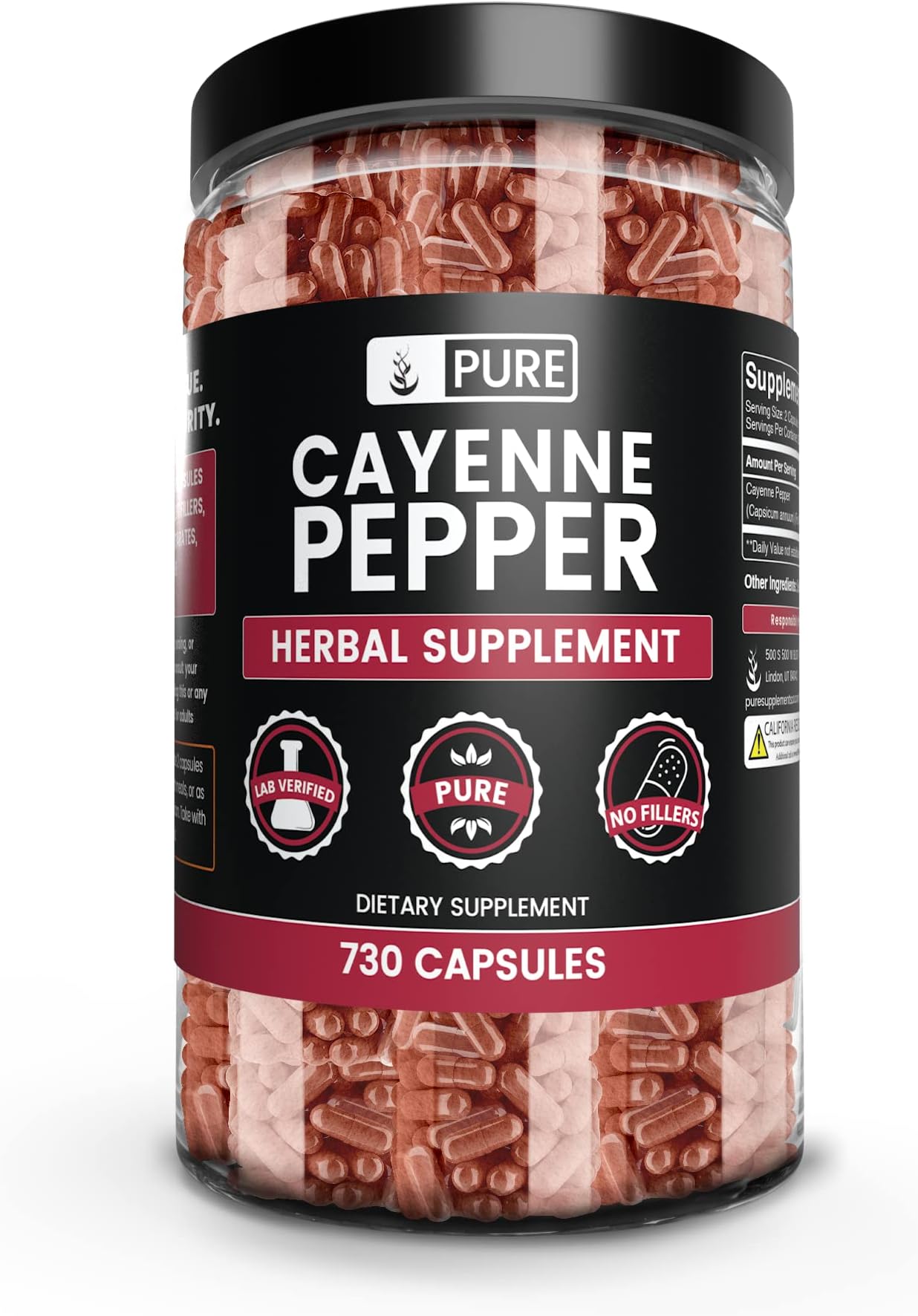 Pure Cayenne Pepper (730 Capsules) No Magnesium or Rice Filler, 40,000 SHU, Non-GMO, Vegetarian, Gluten-Free