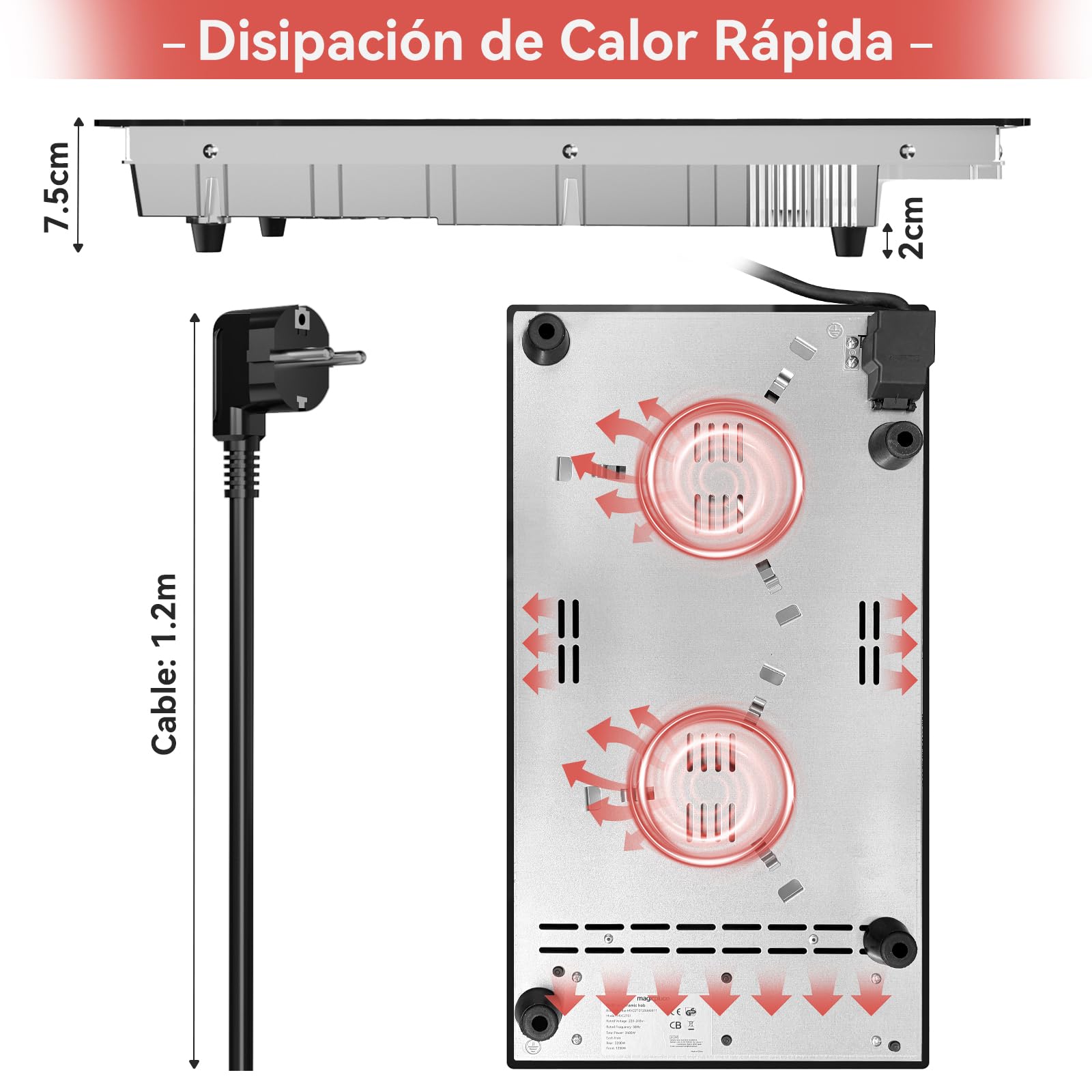 magicplux Placa Vitrocerámica 2 Zonas, 3400 W, 29,5 cm, 9 Niveles de Potencia, Control Táctil, Bloqueo para Niños, Temporizador 1-99 Min, Adaptable a Todas las Ollas, con Enchufe