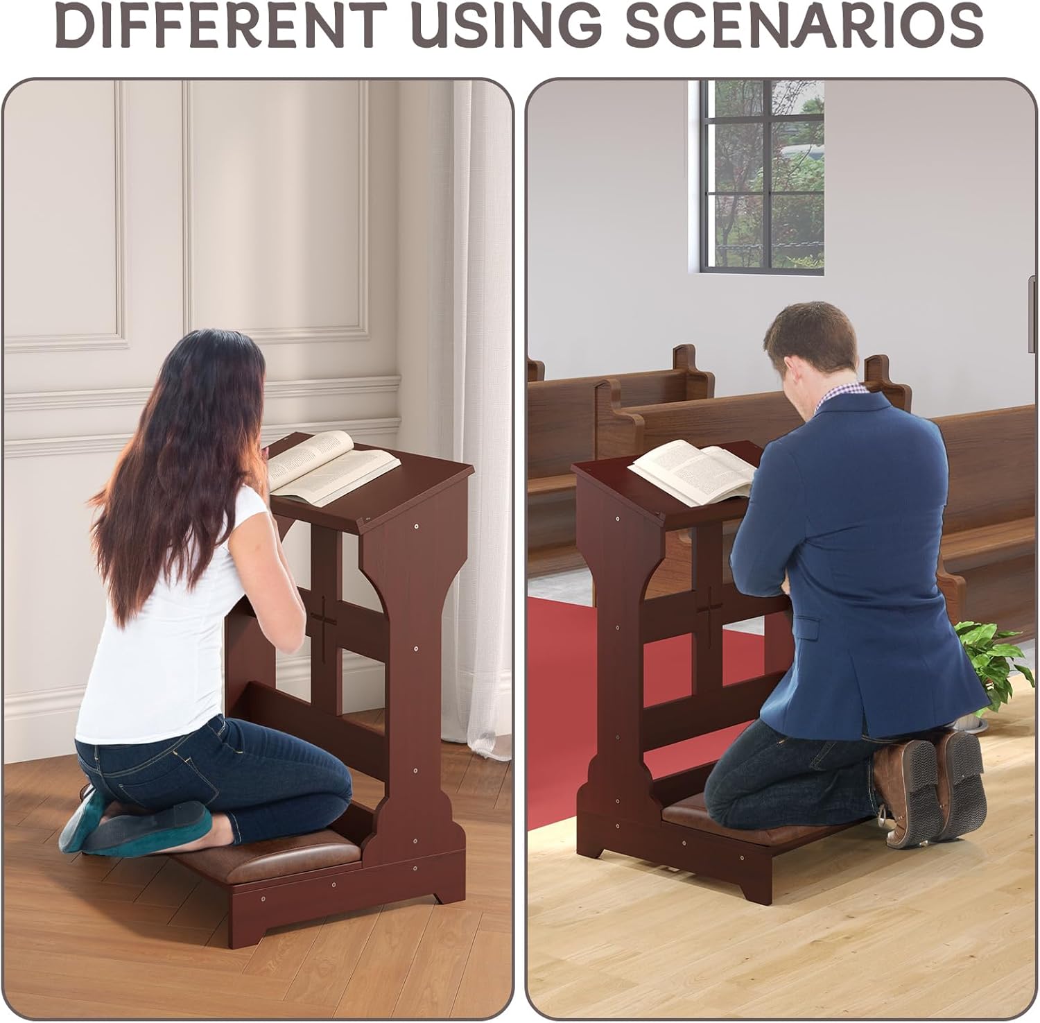ikare Prayer Bench Stool, Wooden Prayer Kneeler with Shelf and Cushion, Solid Wood Church Prayer Bench Stool Table, Padded Prayer Bench for Kneeling, Religious Gifts, 23 x 20 x 32.8 Inches