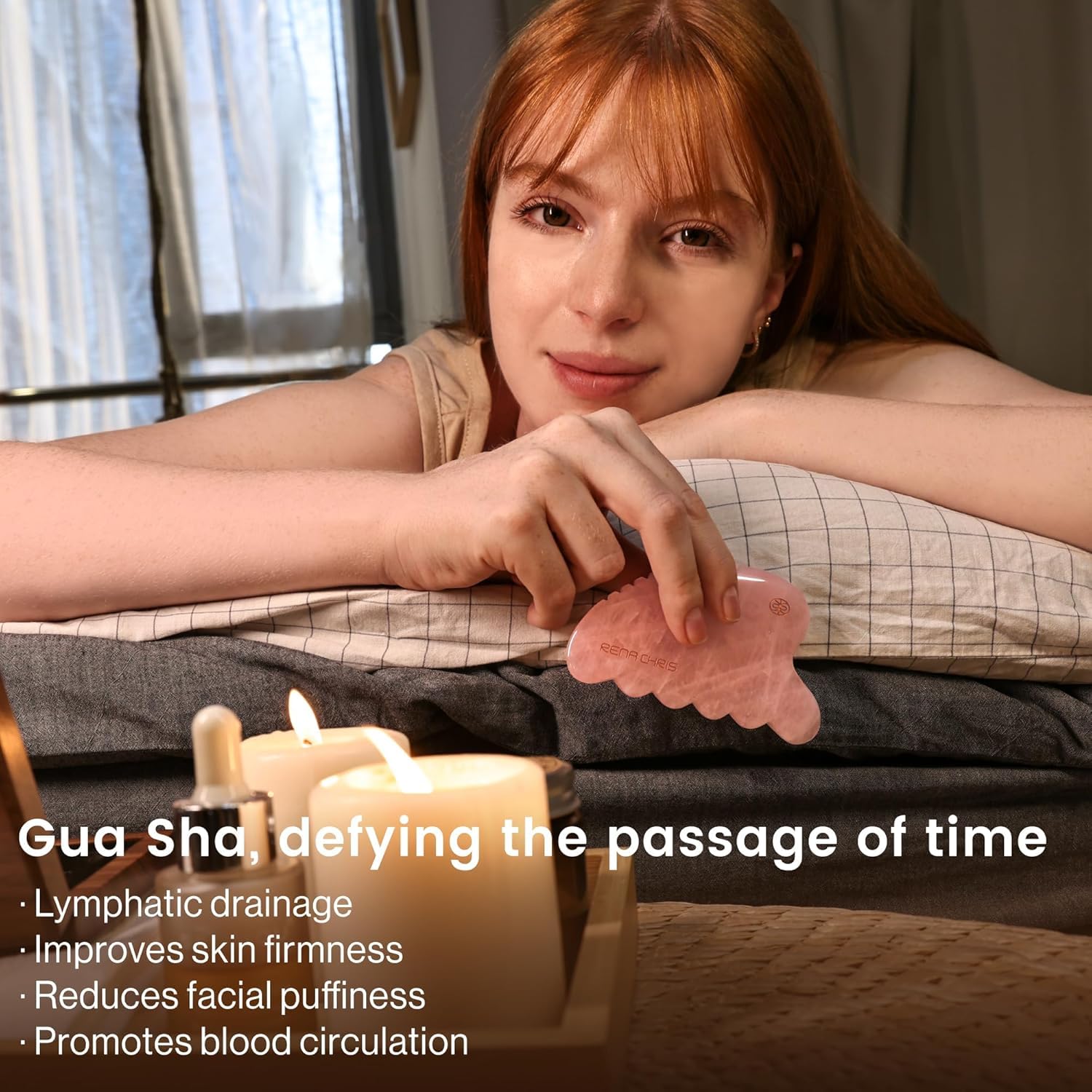 Rena Chris Gua Sha Facial and Body Tools- Natural Jade Gua Sha Stone for Face Manual Massage with Exquisite Wooden Box, Jawline Sculpting and Puffiness Reducing, Whole Body Care Tool with Manual