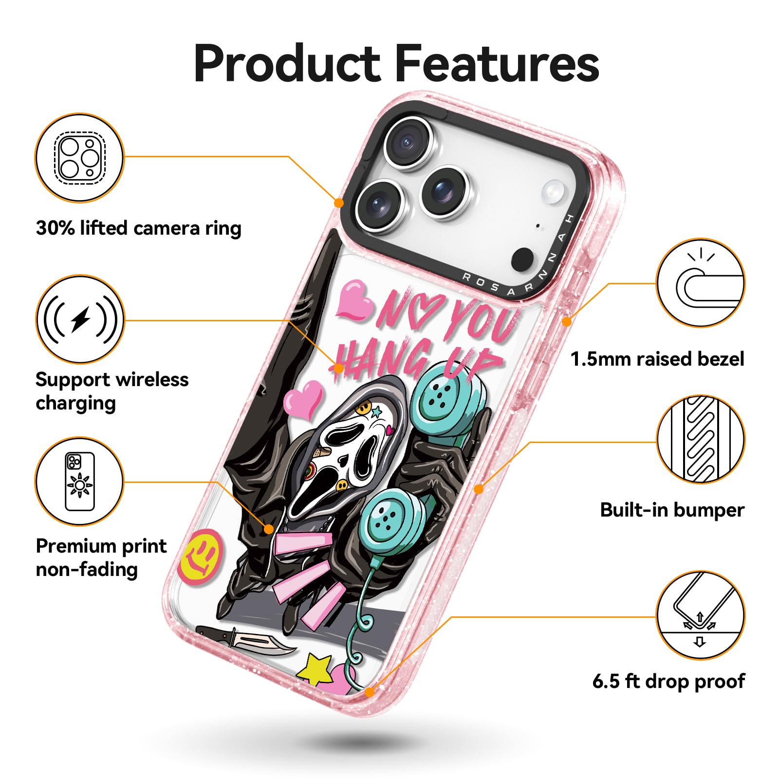 Rosarnnah for iPhone 14 Pro Case Cute - Durable Shockproof 6.6 ft Drop Impact Phone Case - Funny Skeleton Design (6.1") Glitter Pink: iPhone 17 Pro Basic Case Skeleton