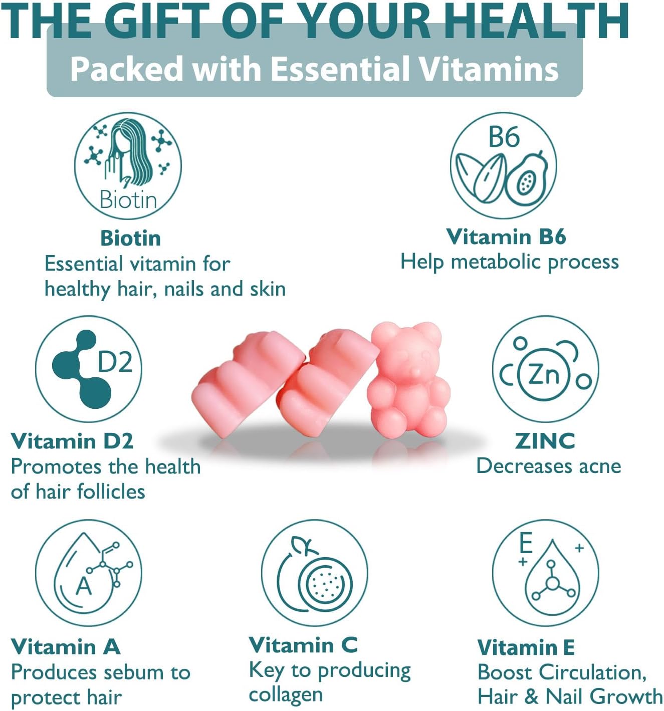 Hair Skin and Nails Biotin Gummies, Supports Healthy Hair, Skin & Nails, Vegan Vitamins for Women & Men, Supports Hair Growth and Stronger Nails, Healthy Skin, 30 Day Supply - Image 3